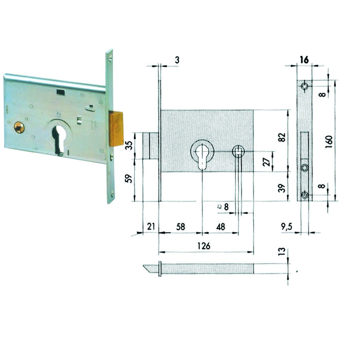 Serratura da infilare per fasce catenaccio e scrocco mm.82 h 44145 - mm.58 (44145600)