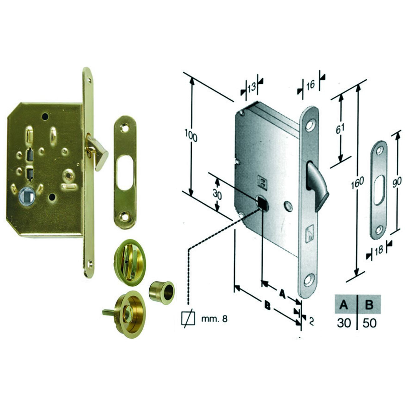 Serr. infil. porte scorrevoli a gancio rientrante b. tondo ott. luc. - mm.50 frontale e incontro ottone lucido