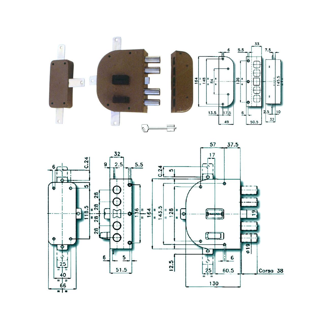 Serratura quintuplice da applicare con scrocco doppia mappa 2350