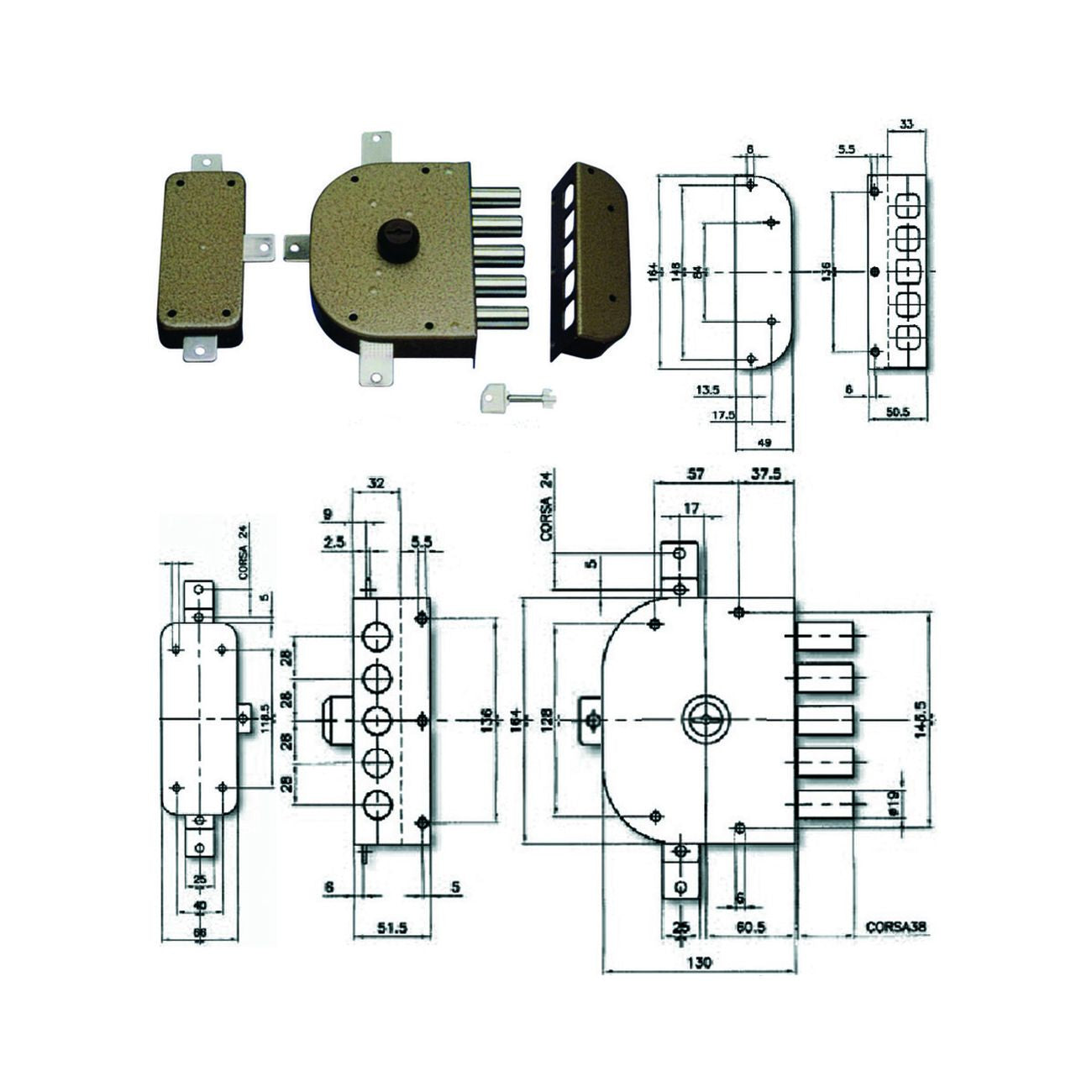 Serratura quintuplice da applicare senza scrocco a pompa 3300