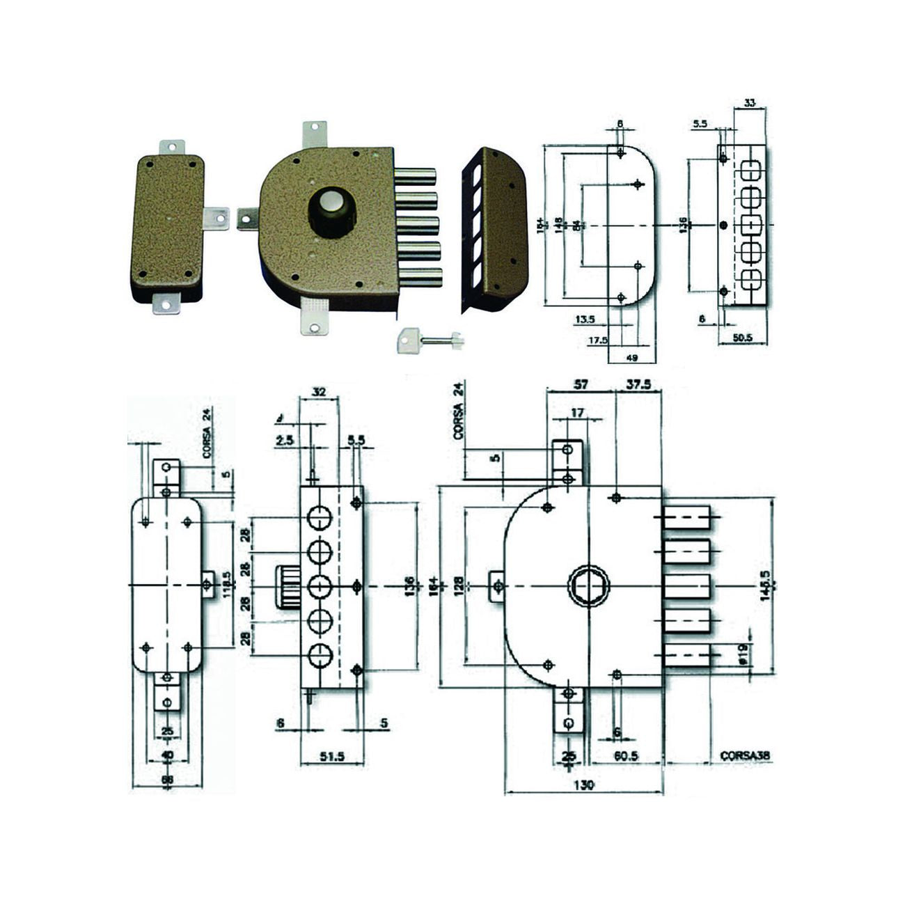 Serratura quintuplice applicare con pomolo s/scrocco a pompa 3300p - mm.60 dx (3300p-02)