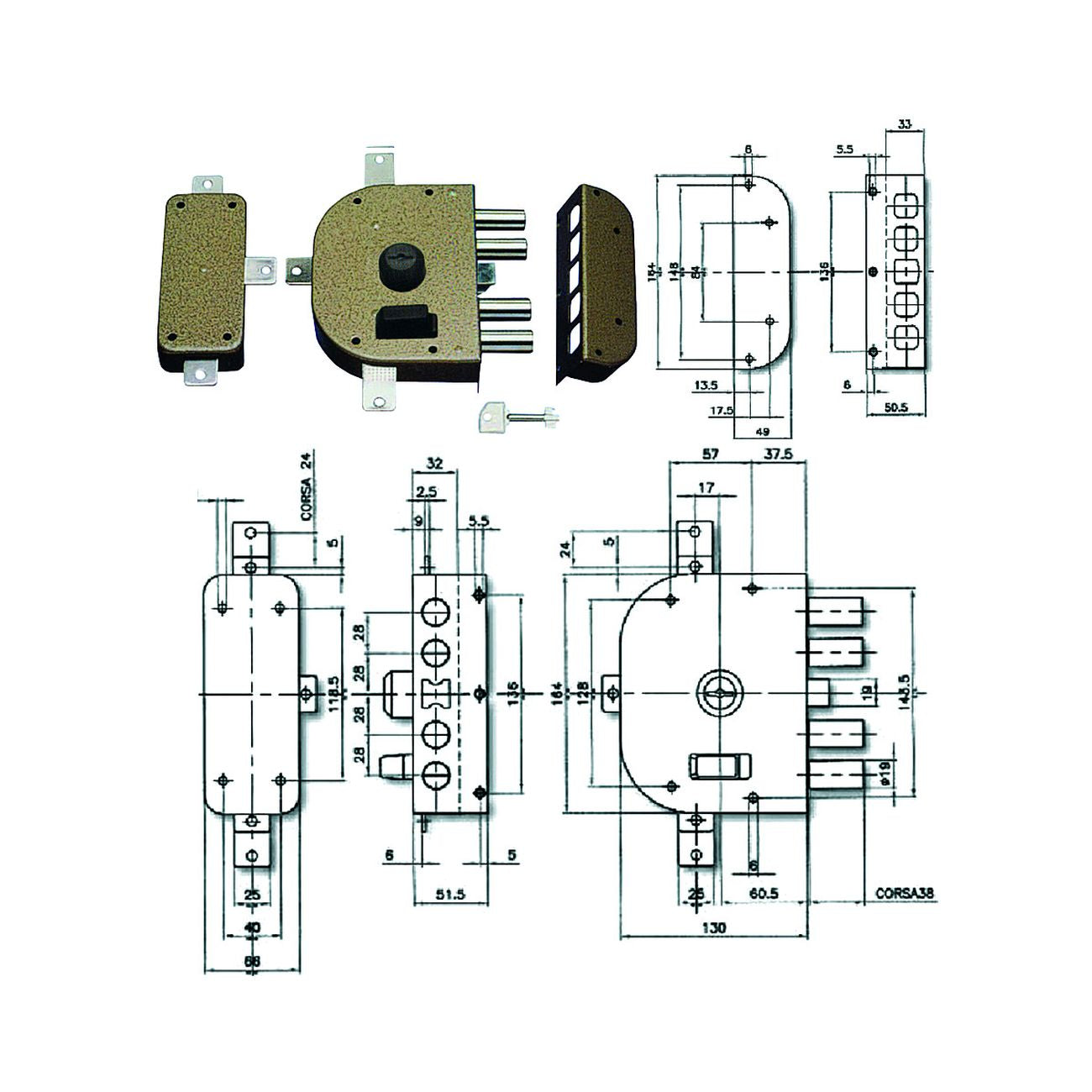 Serratura quintuplice da applicare con scrocco a pompa 3350