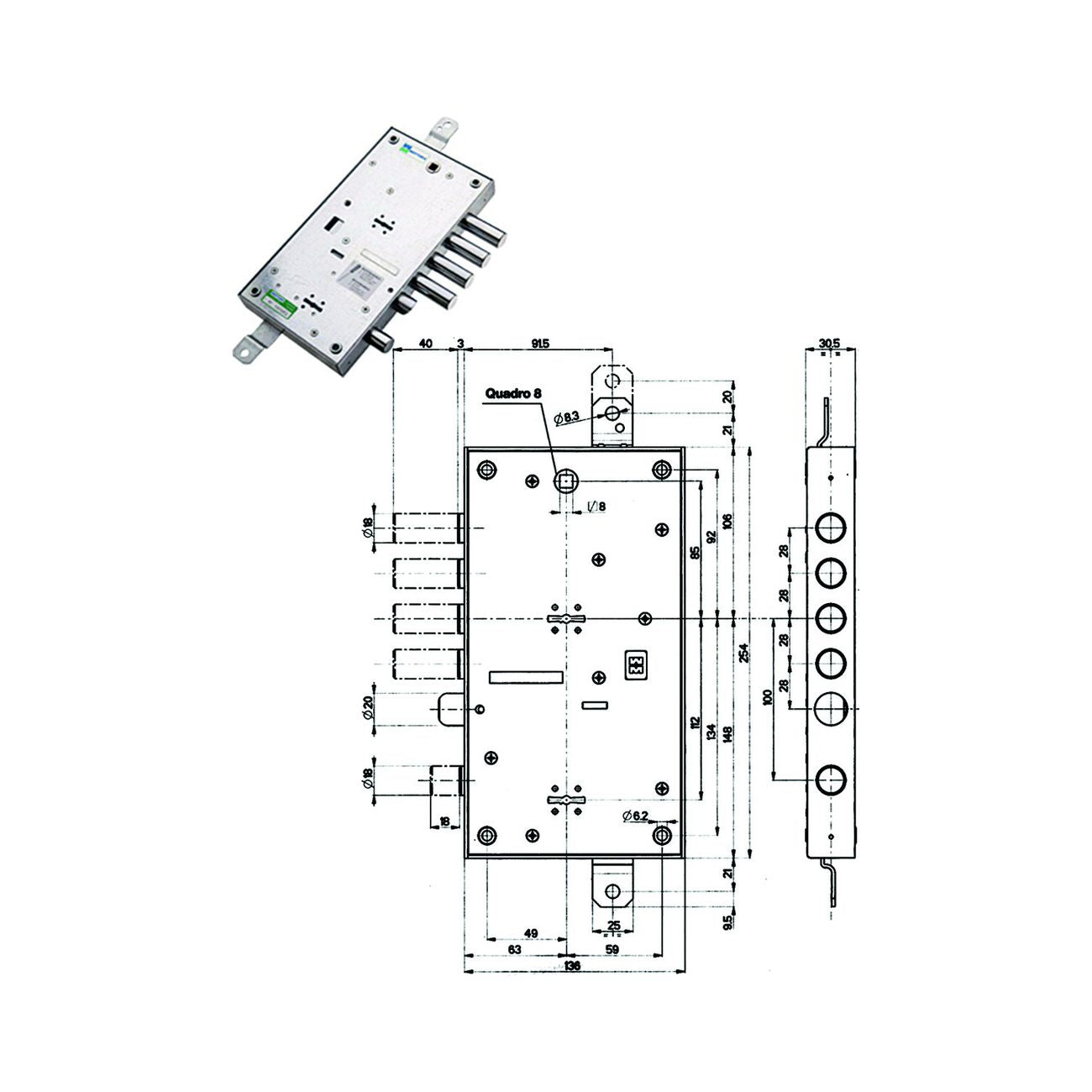 Serratura Triplice Applicare Multif. Scrocco D/Mappa Blindate 54595 - mm.63 DX (54595D)