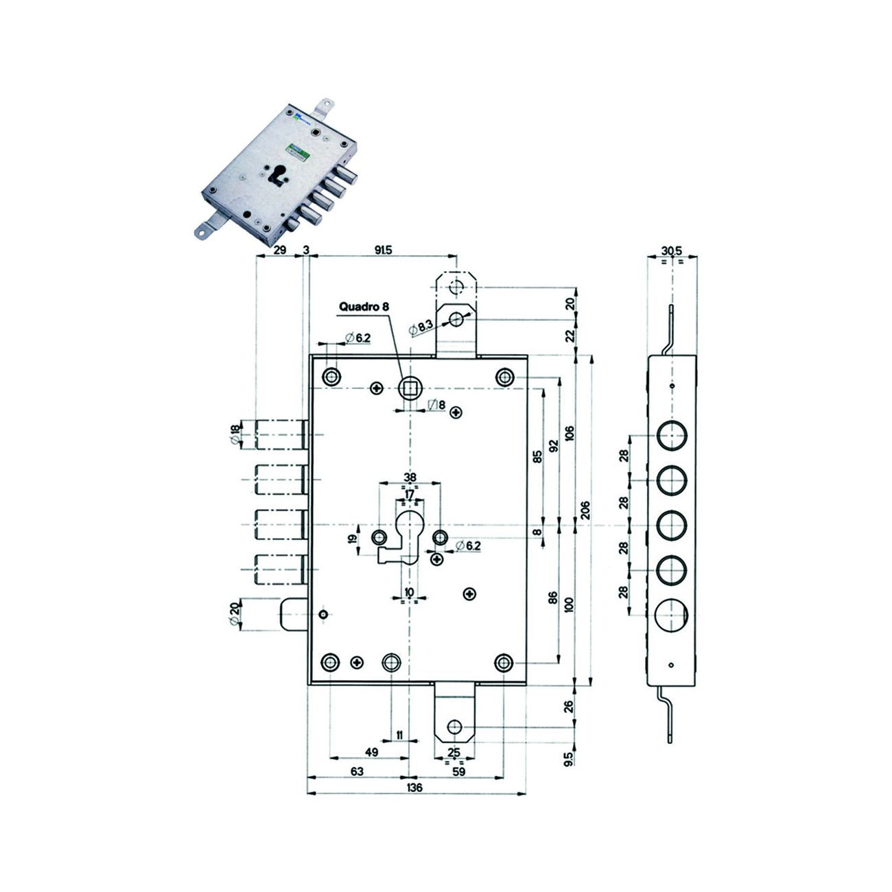 Serratura triplice applicare con scrocco cil. eur. blindate 85571/28