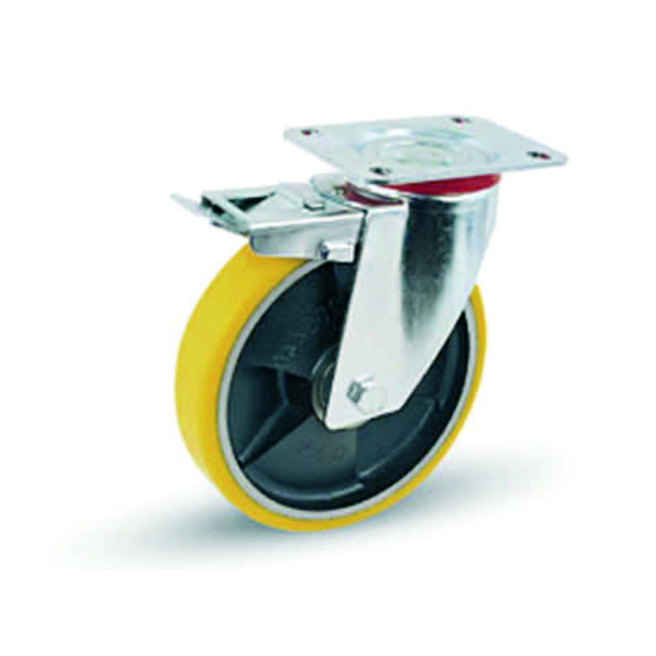 Ruote industriali poliur.nucleo ghisa piastra girevole freno 24seant - Ø mm.125x25 piastra mm.115x85 - 155h. 130dan