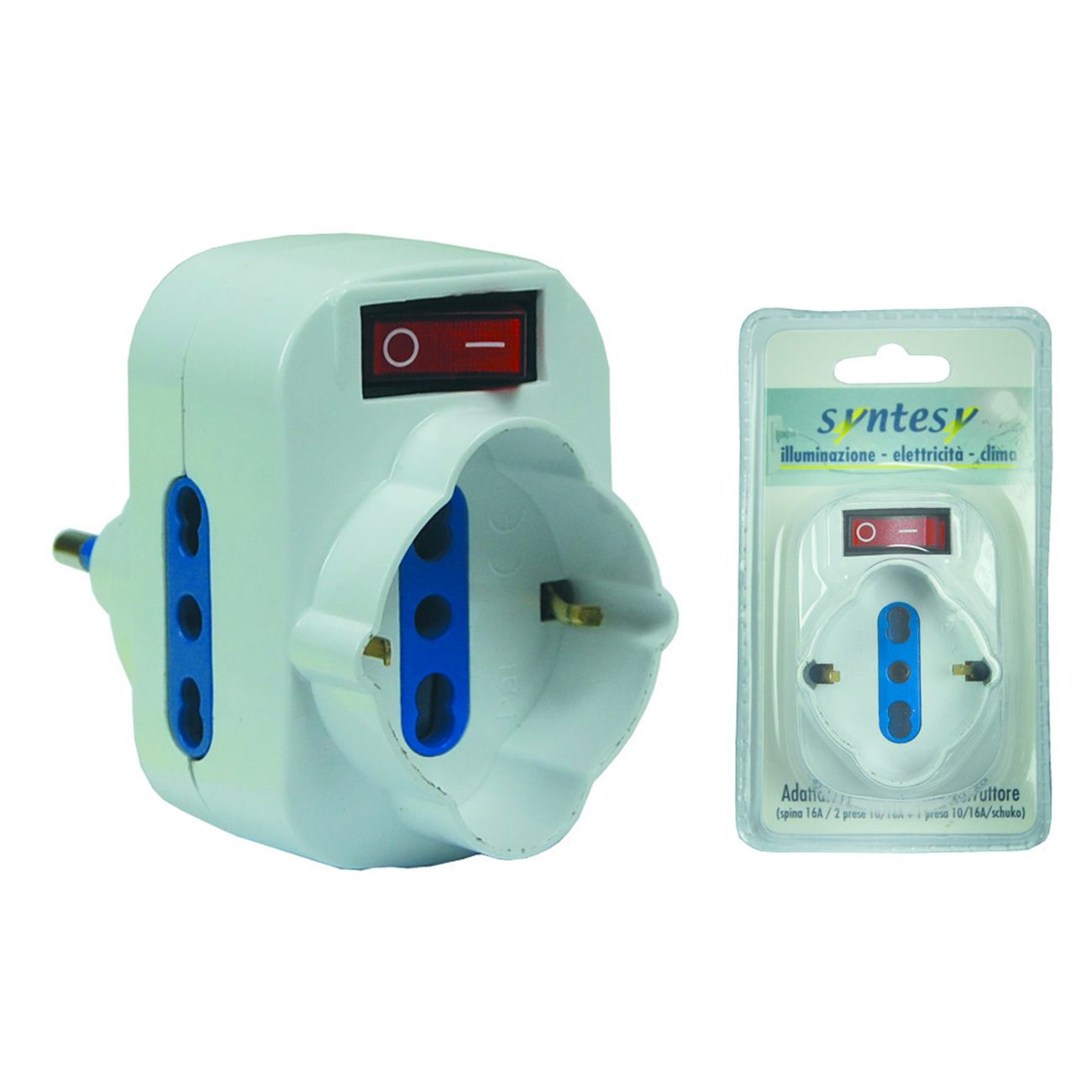 Adattatore rotante triplo con schuko e interruttore bianco - spina 16a colore bianco - 2 bl
