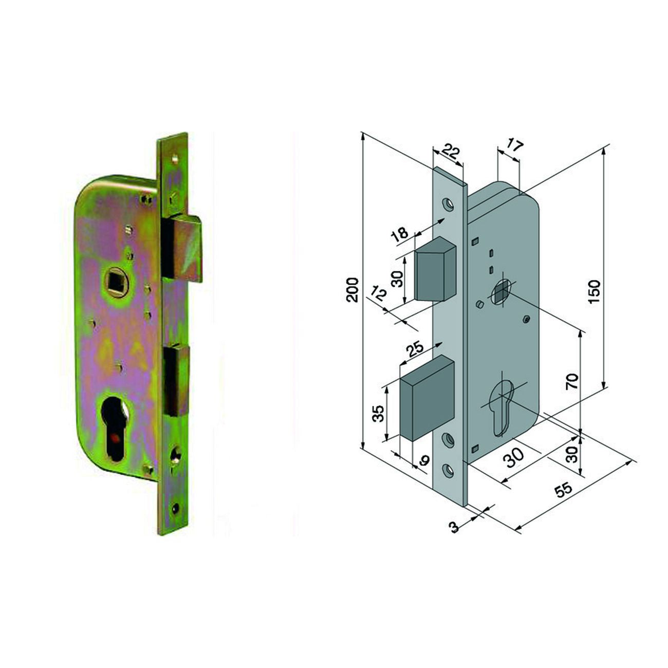 Serratura da infilare per cancelli 2 mandate e scr. cil. sagomato 061 - mm.30 con catenaccio mm.25 (06130000)