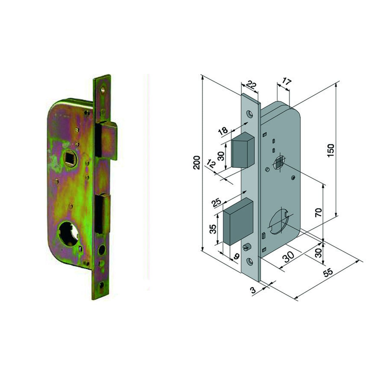 Serratura da infilare per cancelli 2 mandate e scr. cil. sfilabile 067 - mm.30 con catenaccio mm.25 (06730000)