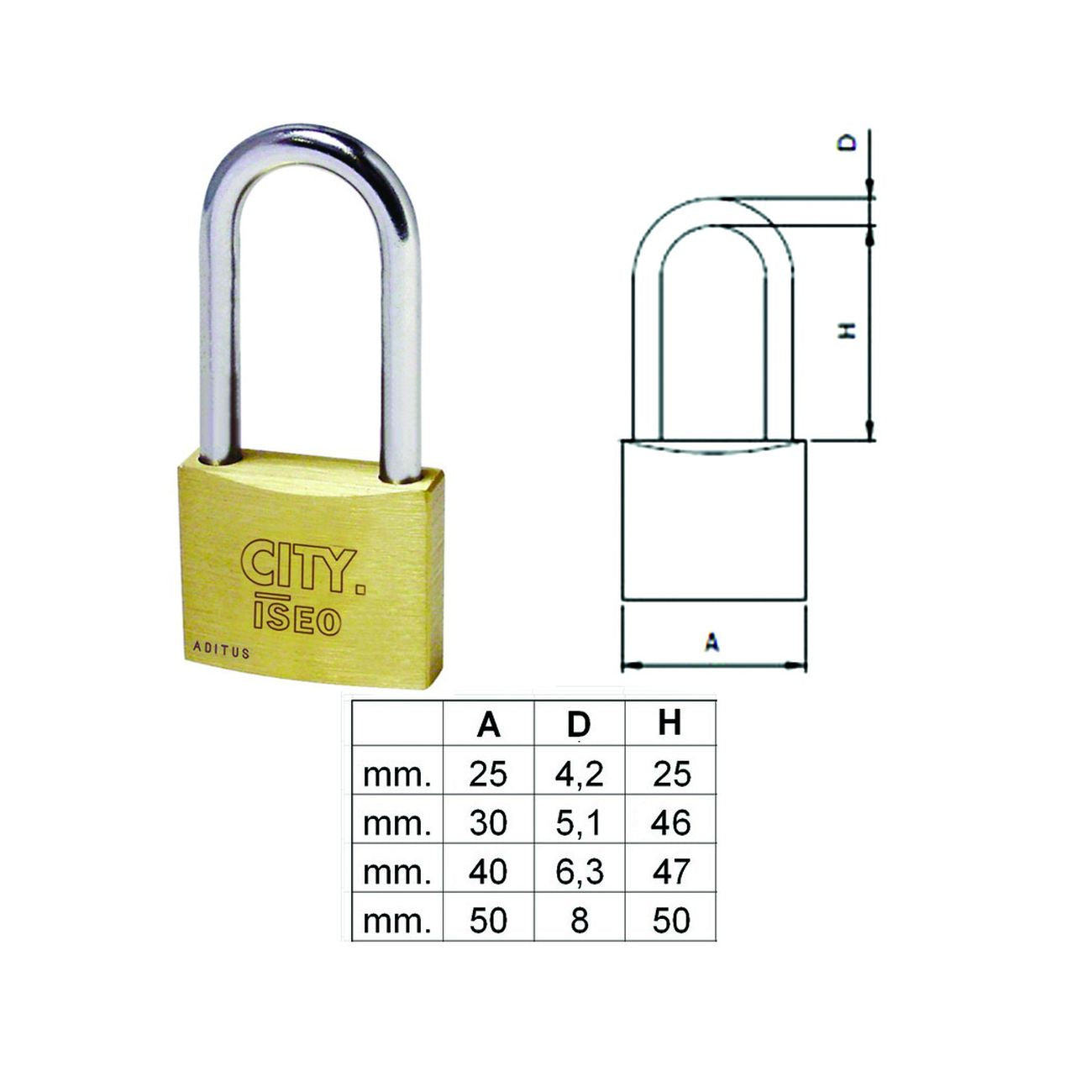 Lucchetto Ottone Arco Lungo "Aditus City" P700 - mm.40 KA (P70040477.K1) - 10 pz