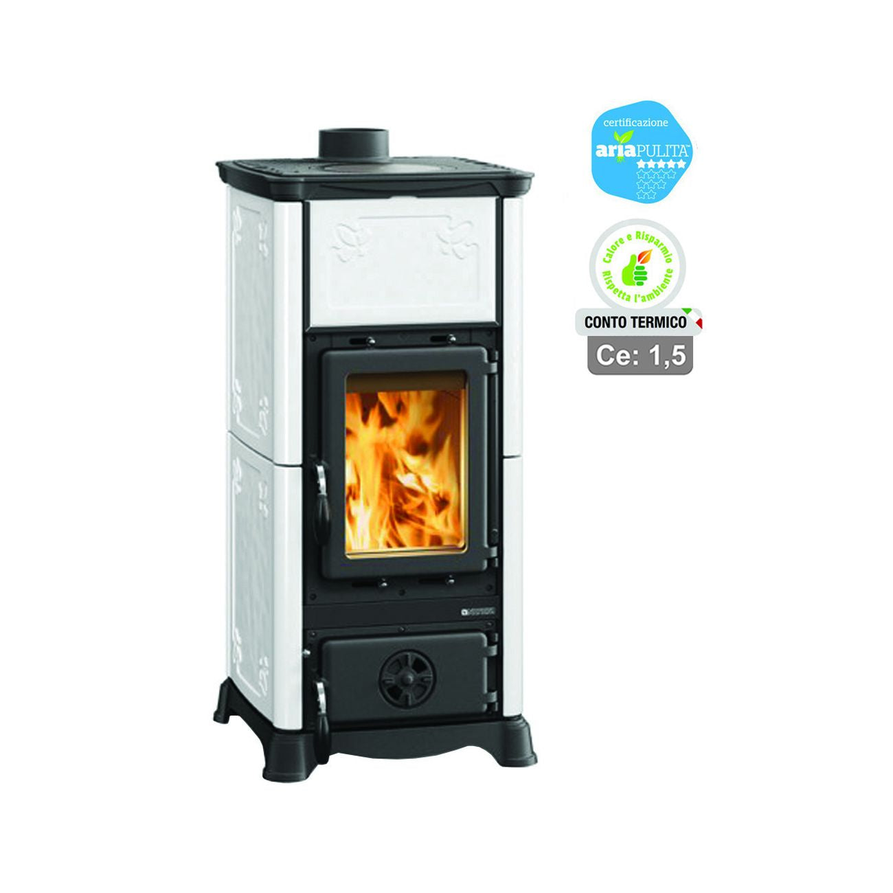 Stufa a legna emiliana 6,5 kw bianca (conto termico) - misure cm.45,3x49x95h. - peso kg.140