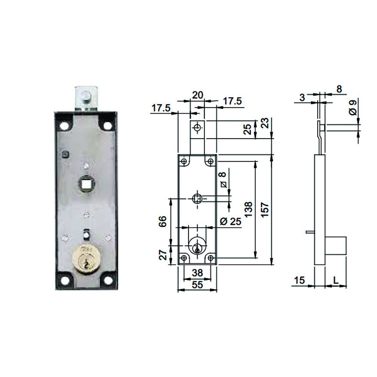 Serratura per serrande basculanti cilndro fisso quadro mglia 643 - mm.157x15x55h. (643150)