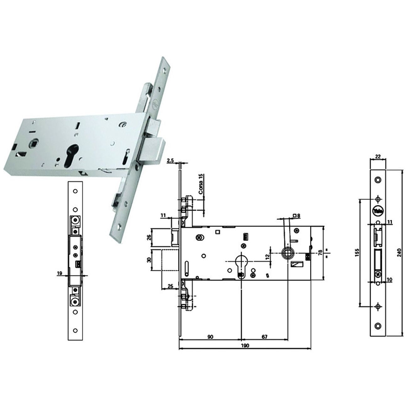 Serratura triplice infilare p/fasce catenaccio e socco mm.78h 94000 - mm.90 (y9400090080)