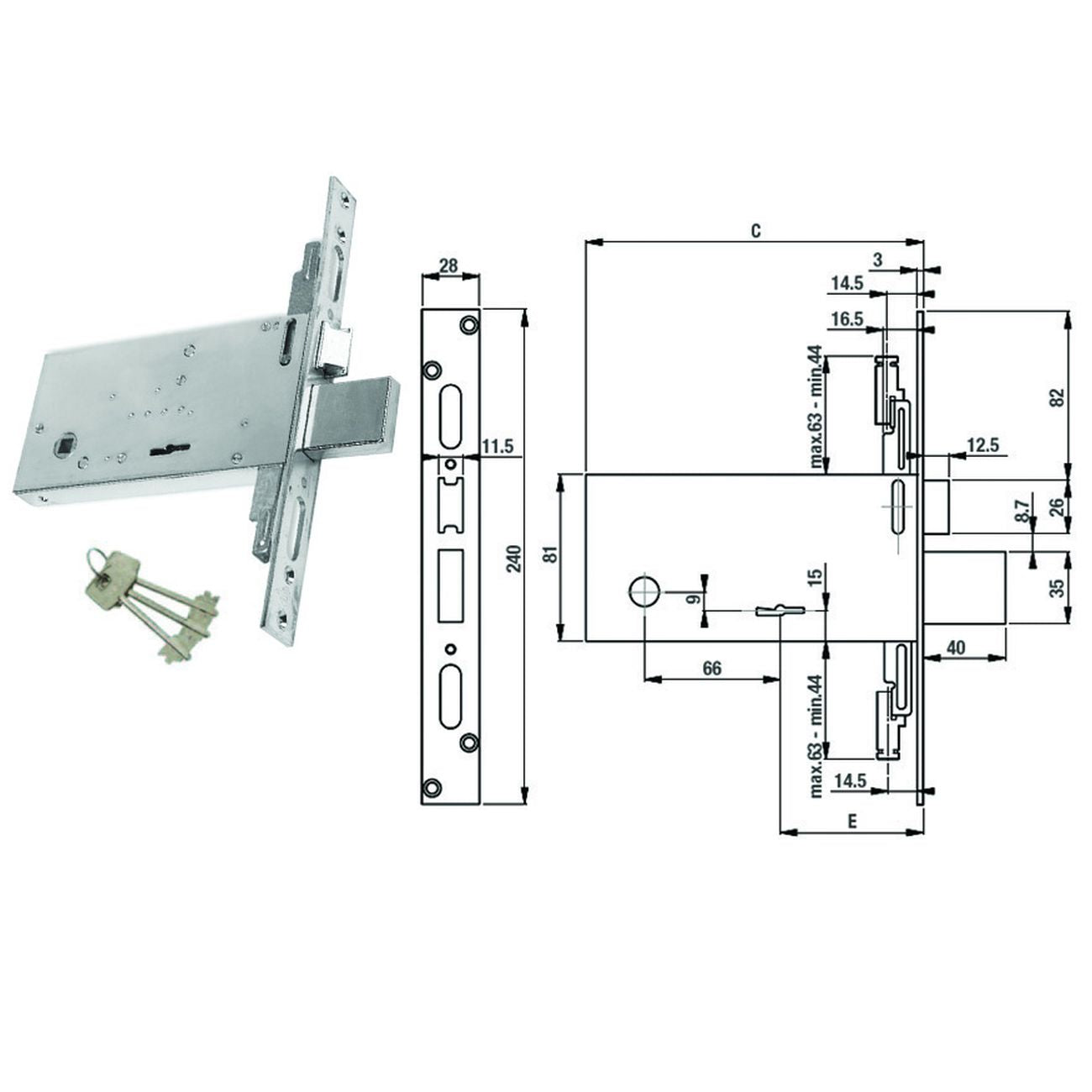 Serratura tripl. infil. per fasce d/mappa caten. e s. mm.81 h f6873