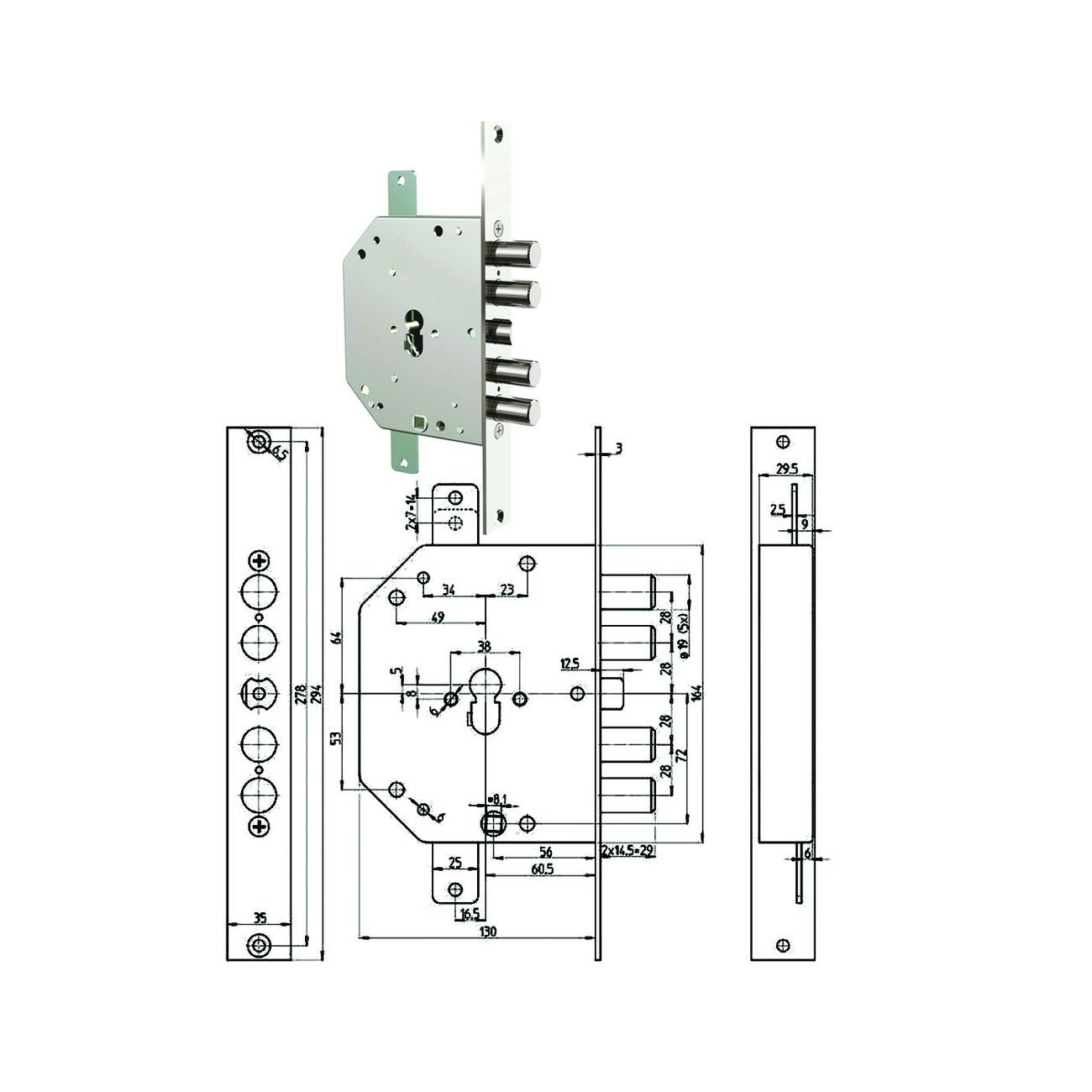 Serratura triplice infil. c/socco cil. eu. clever blindate 2151 pe - mm.60 dx (2151pen-01ncl/fl)