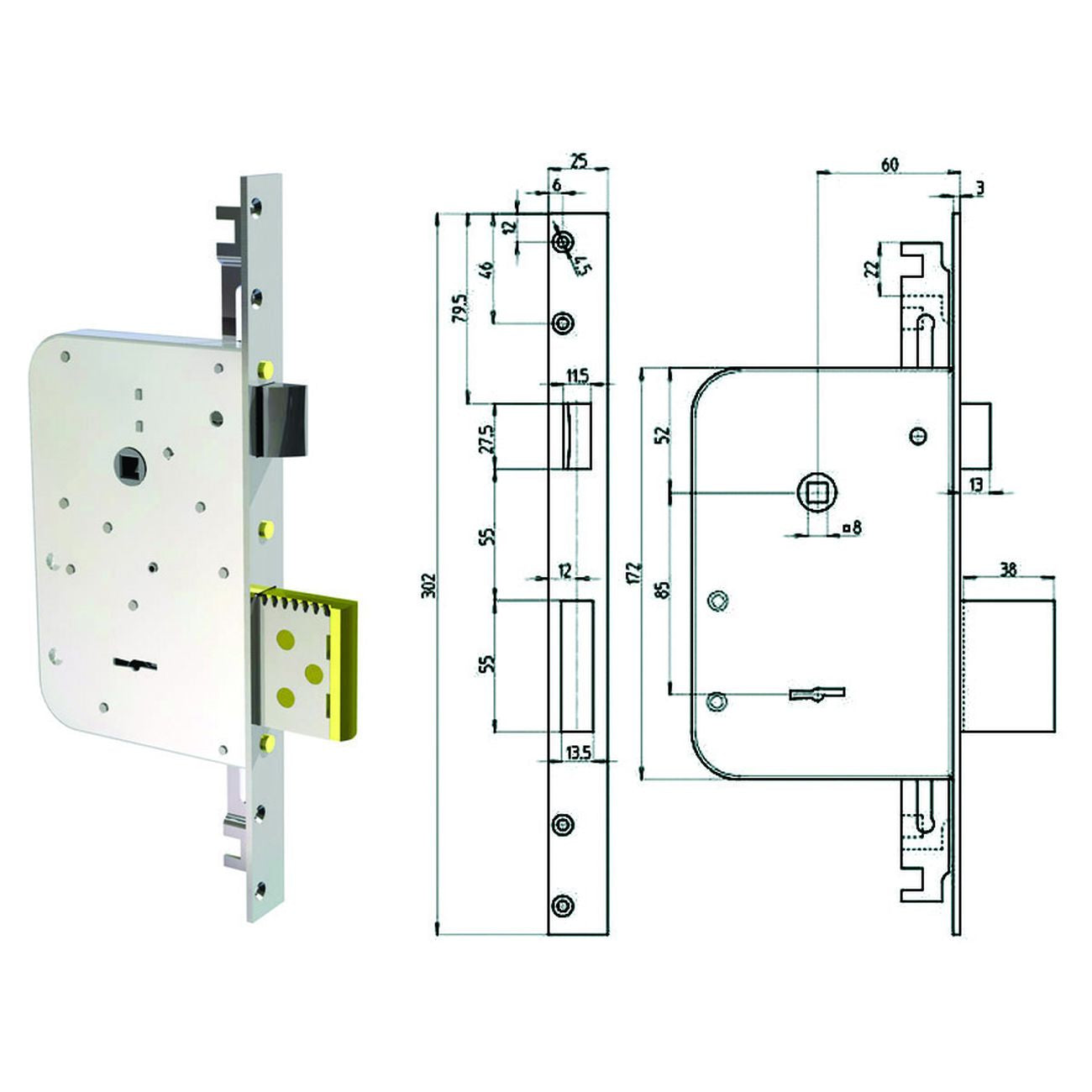 Serratura triplice infilare doppia mappa con socco reversibile 8000 - chiave mm.72 (8000-01)