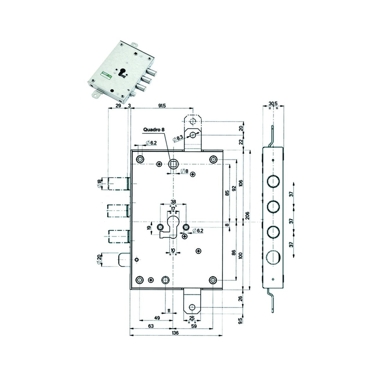 Serratura triplice applicare con socco cil. eur. blindate 85571/37