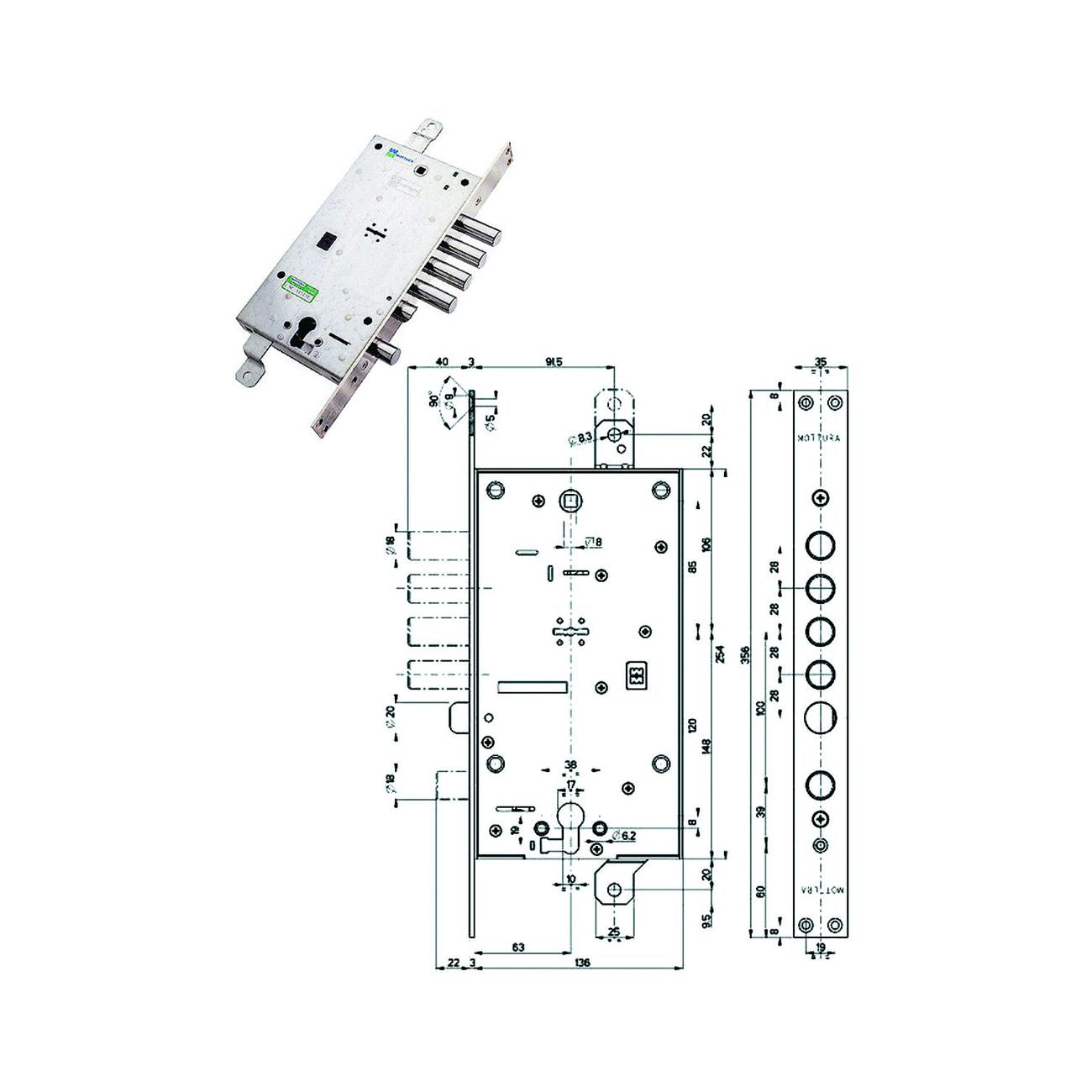 Serratura Triplice Infilare Con Scrocco Cil.Eu. + Dm Blindate 54797/28 - mm.63 DX (54797DL2836)