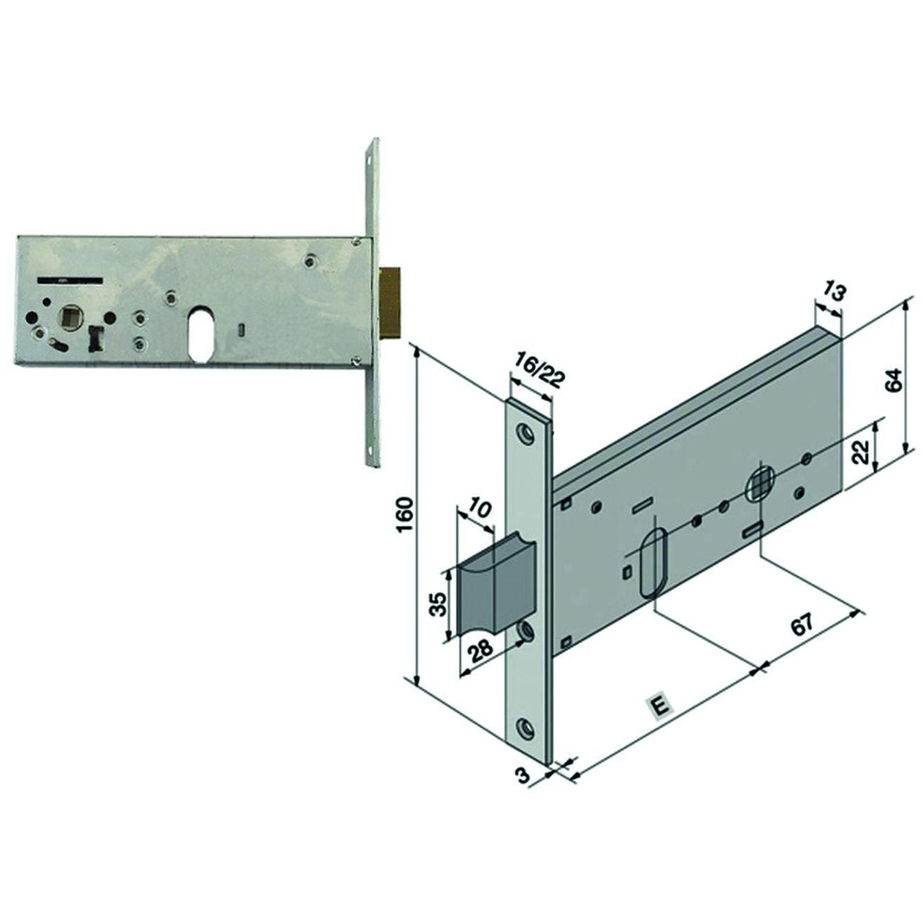 Serratura da infilare per fasce catenaccio e socco mm.64 h 133 - mm.60 (13360010)