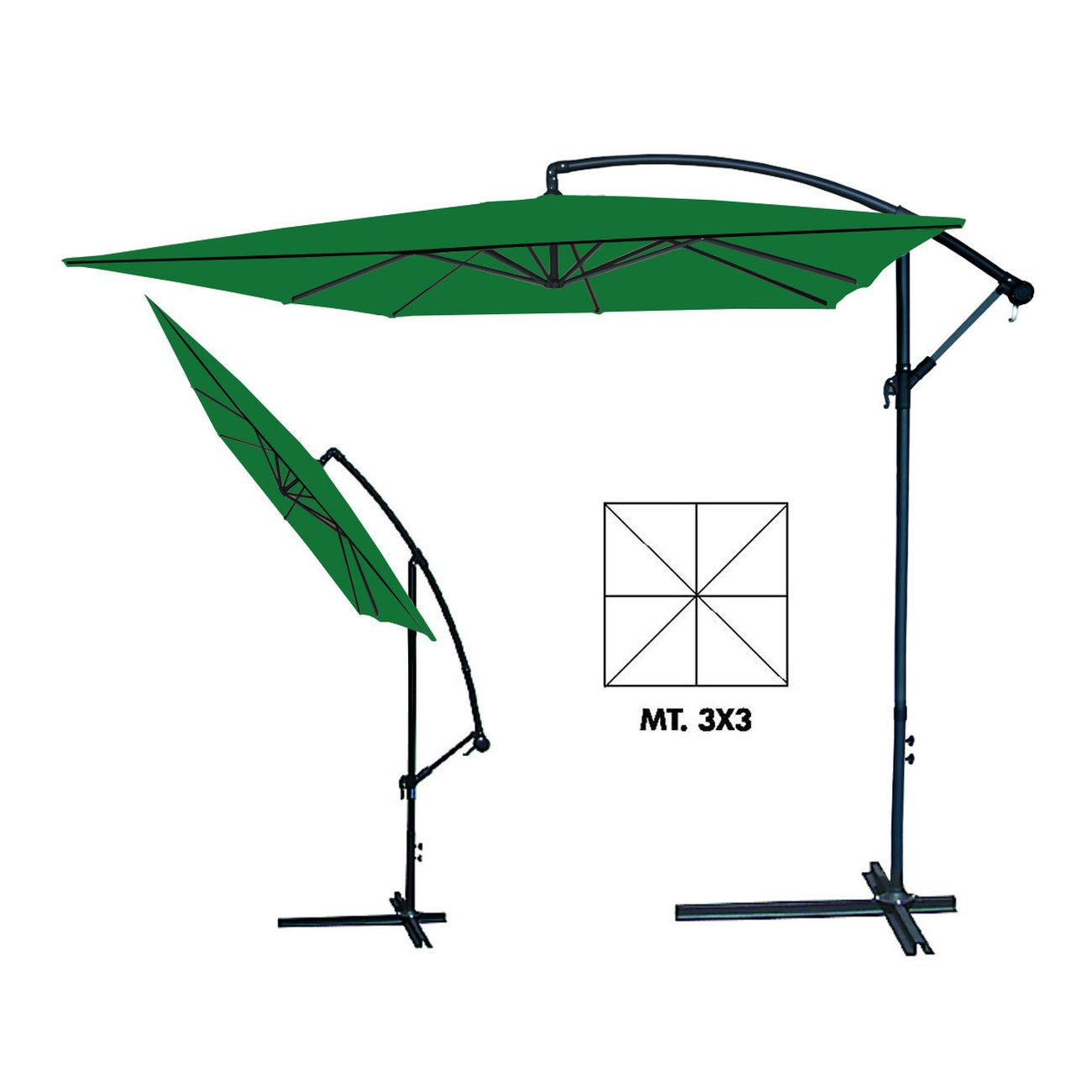 Ombrellone In Metallo Quadro Decentrato Con Manovella - ø mt.3x3 palo ø mm.48 a 6 stecche