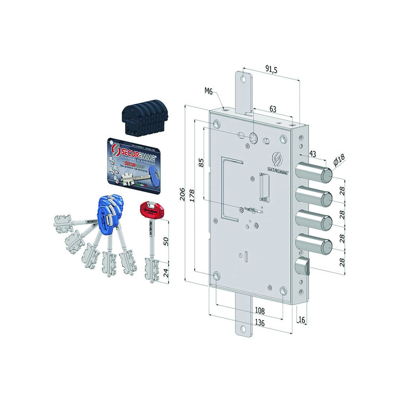 Serratura triplice applicare per porte blindate d.mappa int.28 240 -  (2401d0328s56)