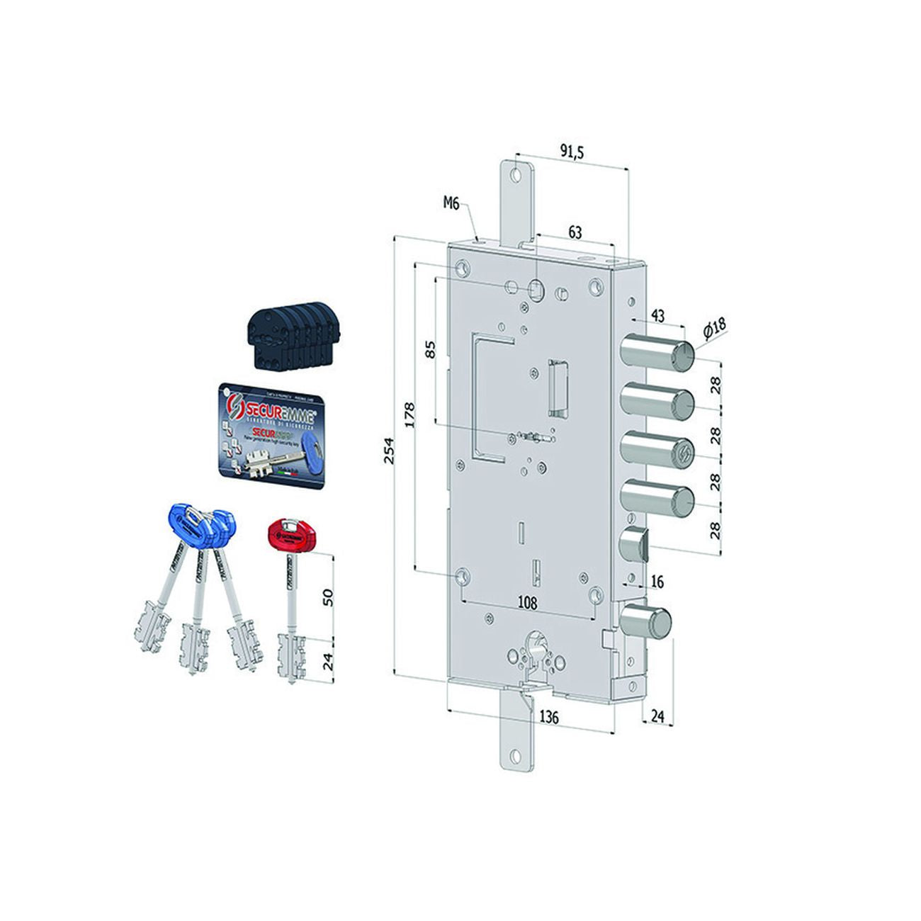 Serratura triplice applicare porte blindate d.m.+c.eur.rev. int.28 243 - (2431d0328s56)