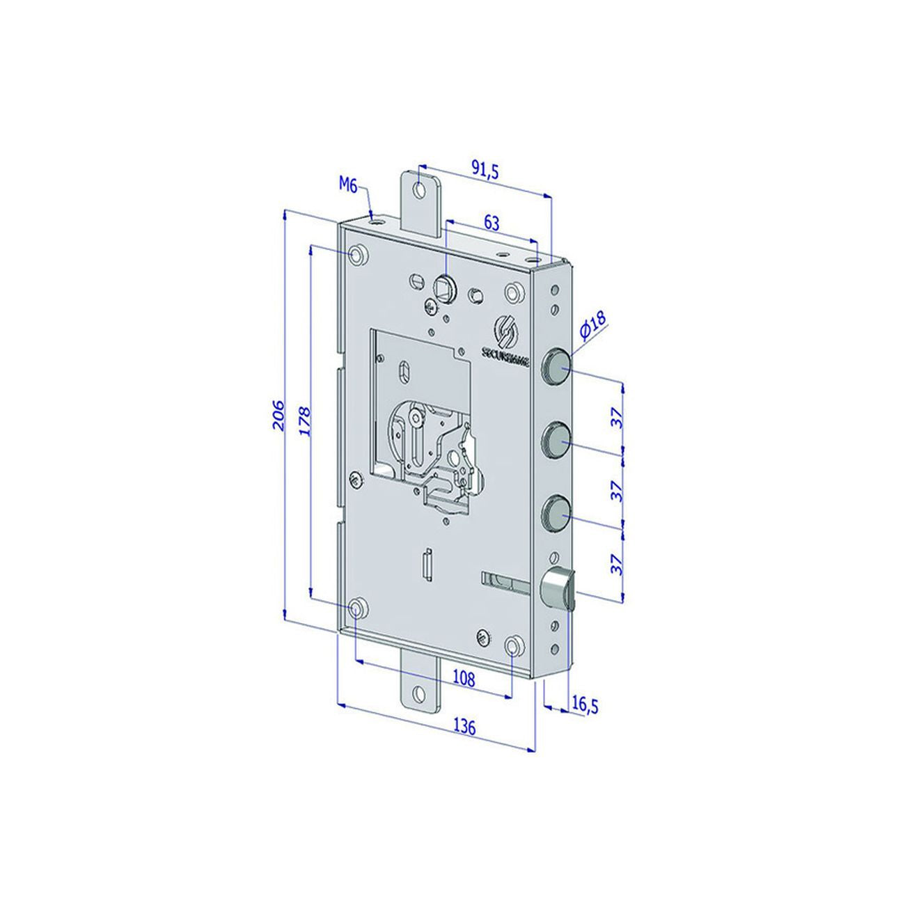 Serratura triplice applicare per porte blindate nuda s/cuore int.37 25