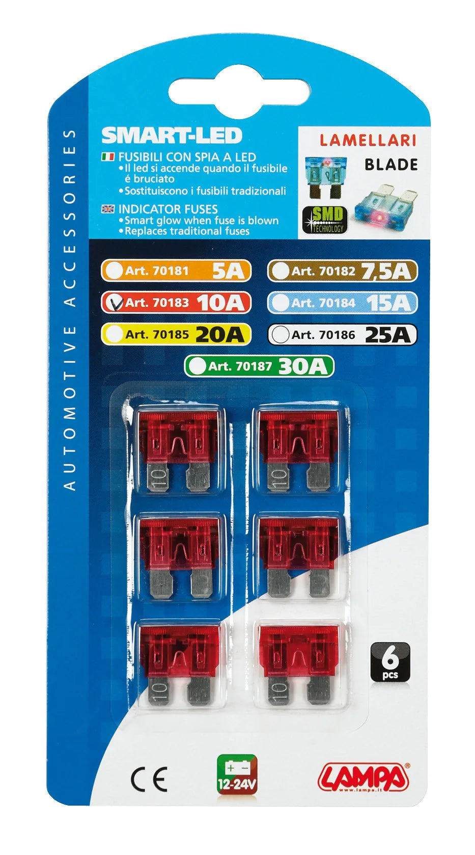 La confezione di Smart Led, set 6 fusibili lamellari con spia a led, 12/32V, vista 3
