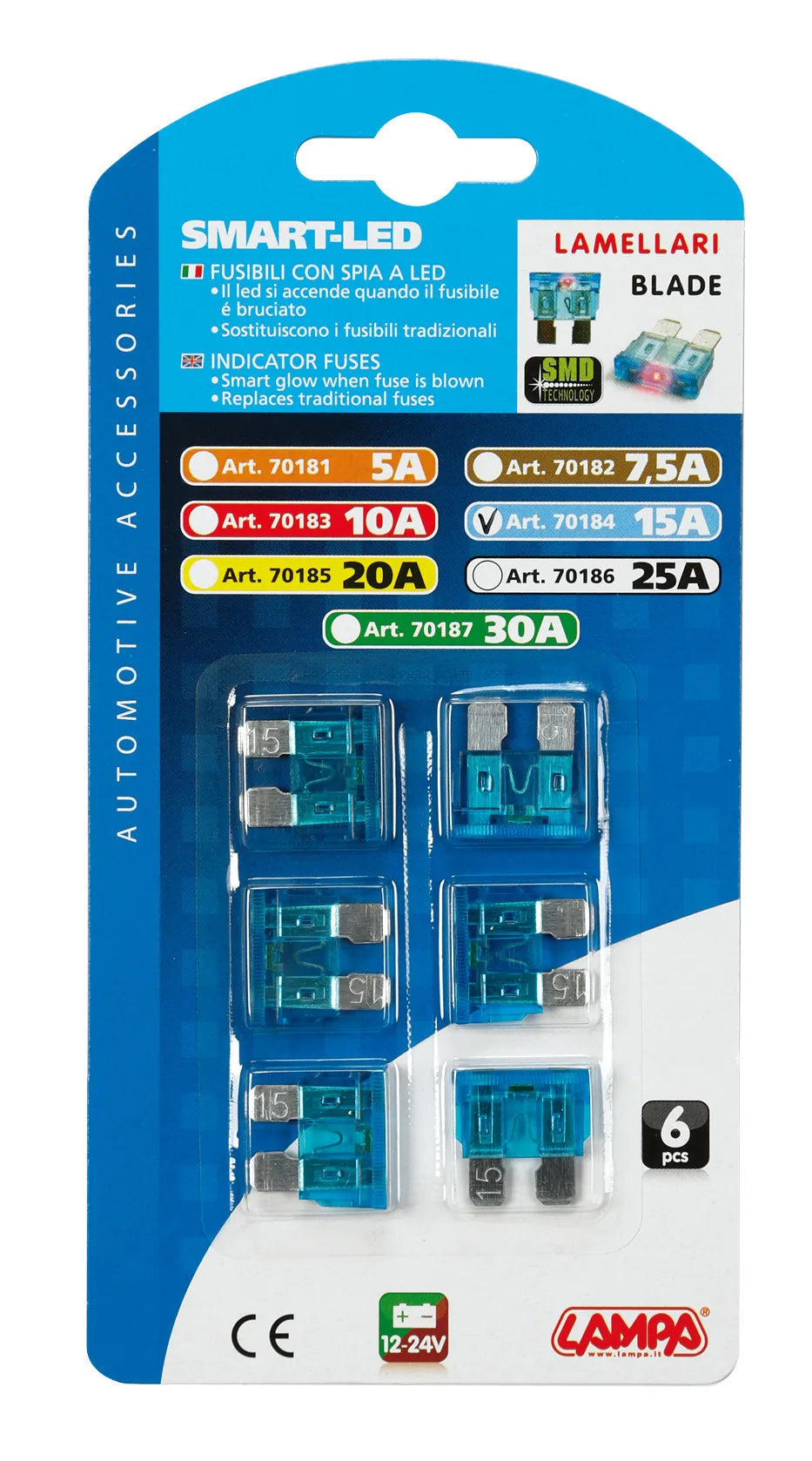 La confezione di Smart Led, set 6 fusibili lamellari con spia a led, 12/32V, vista 4