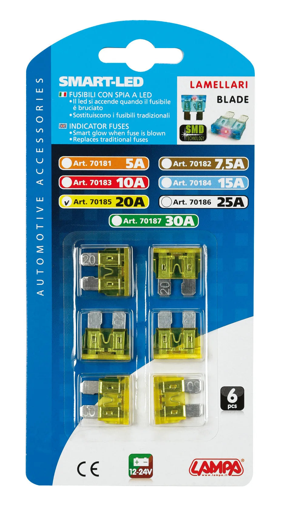 La confezione di Smart Led, set 6 fusibili lamellari con spia a led, 12/32V, vista 5