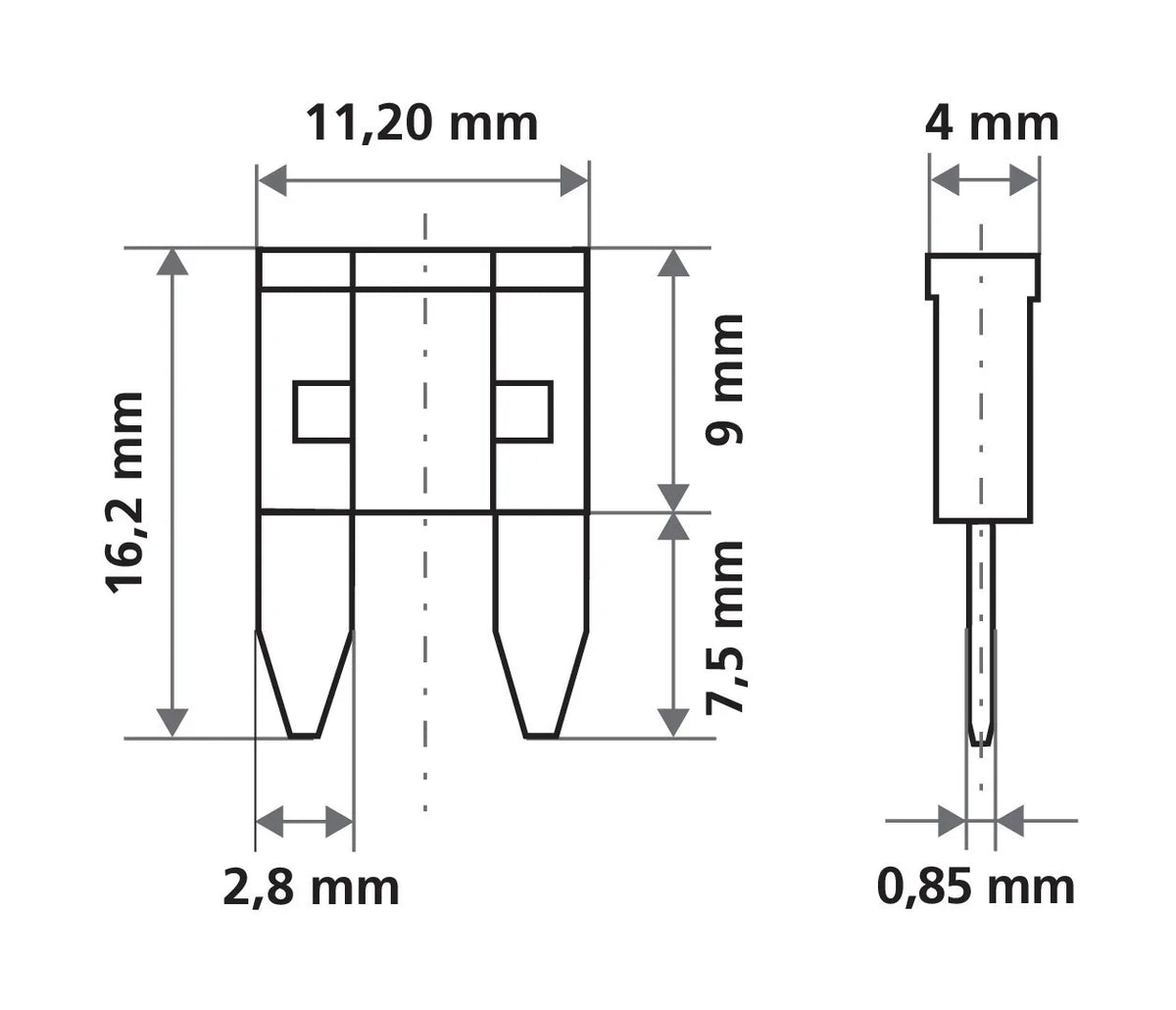 Disegno tecnico quotato di Smart Led, set 6 micro-fusibili lamellari con spia a led, con le misure