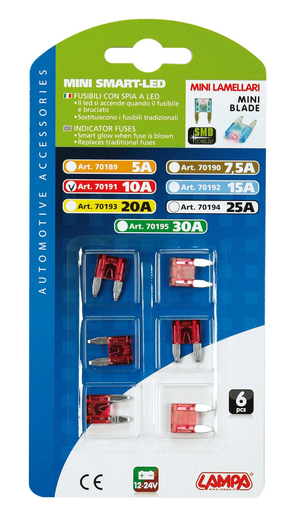 La confezione di Smart Led, set 6 micro-fusibili lamellari con spia a led, vista 2