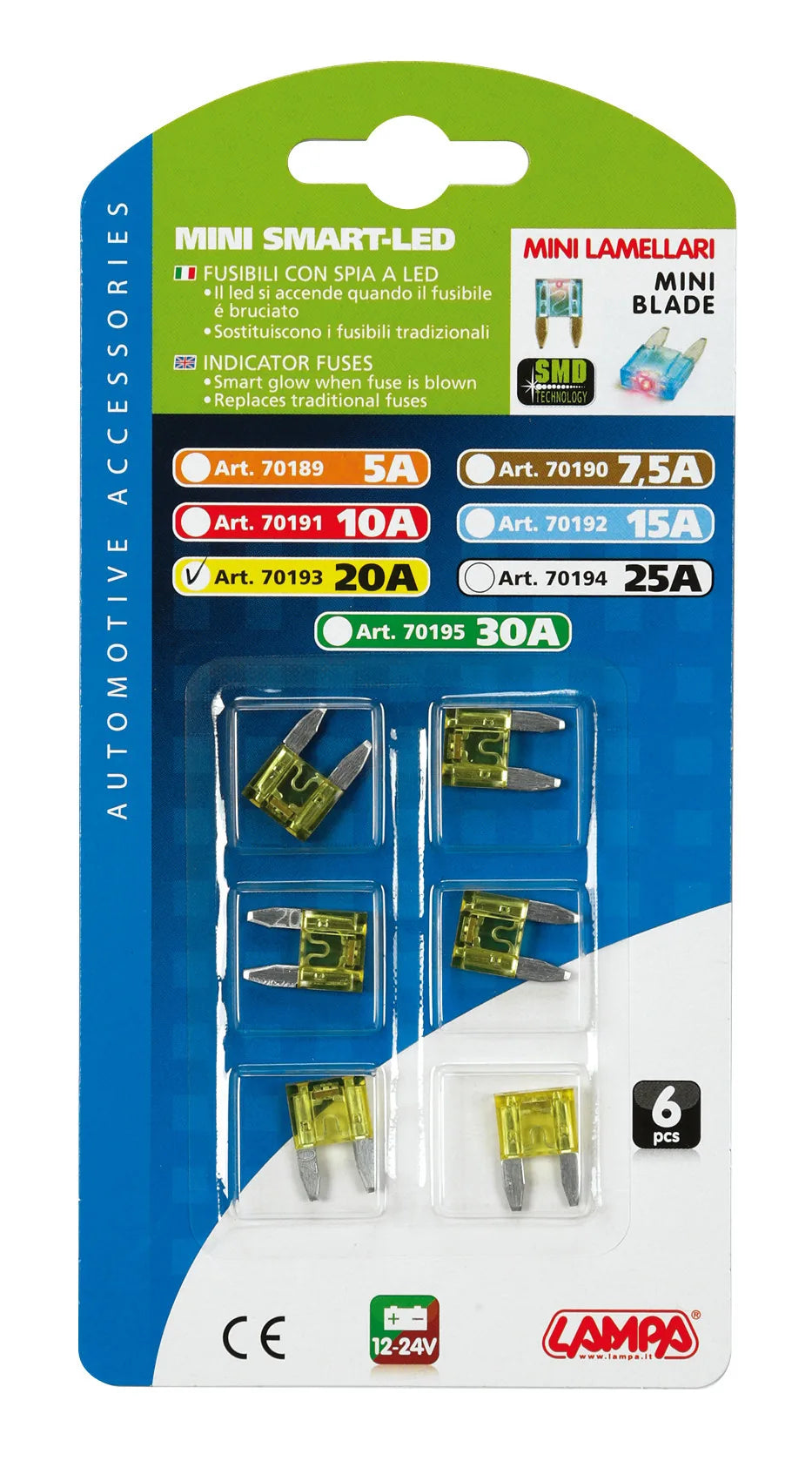 La confezione di Smart Led, set 6 micro-fusibili lamellari con spia a led, vista 4