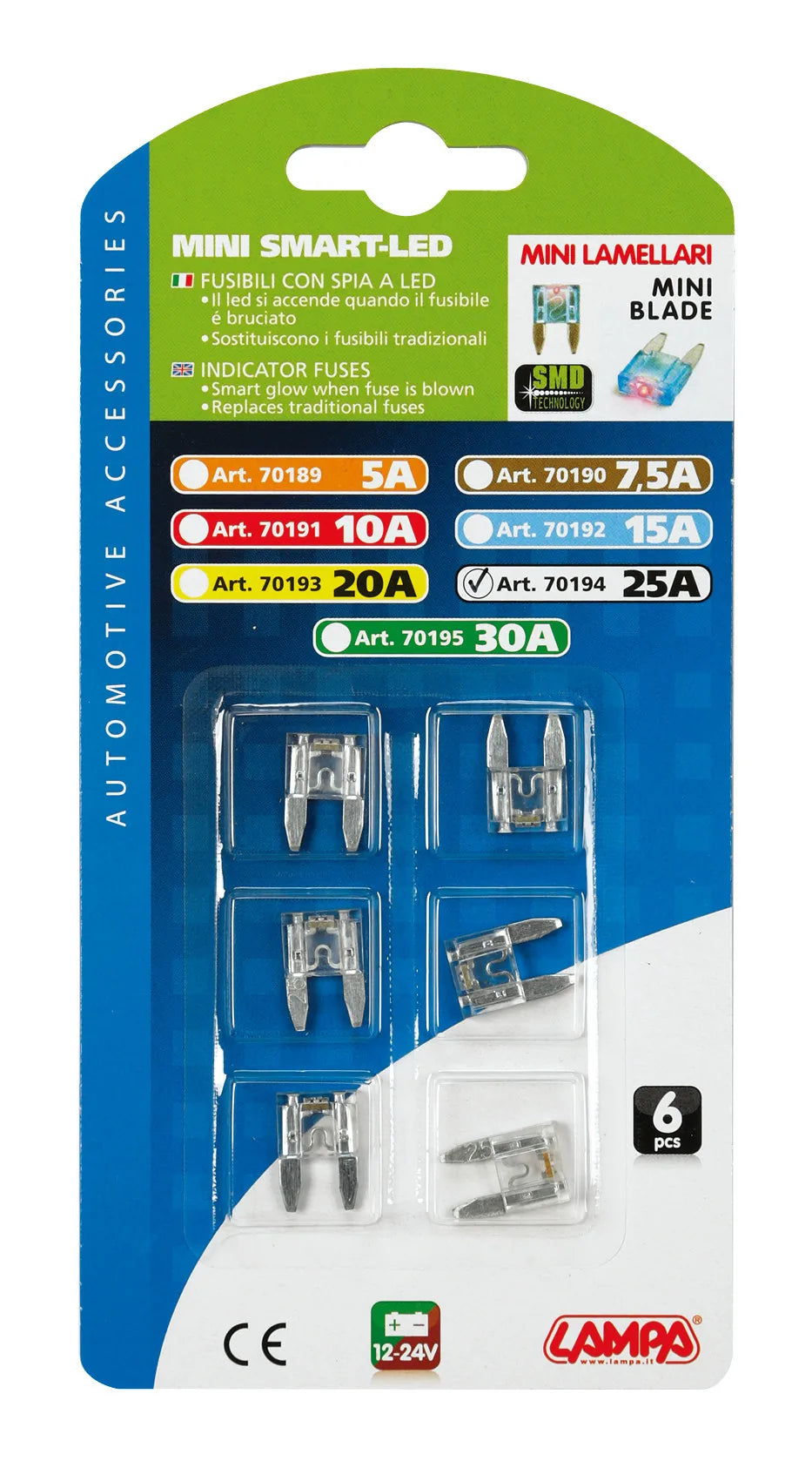 La confezione di Smart Led, set 6 micro-fusibili lamellari con spia a led, vista 5