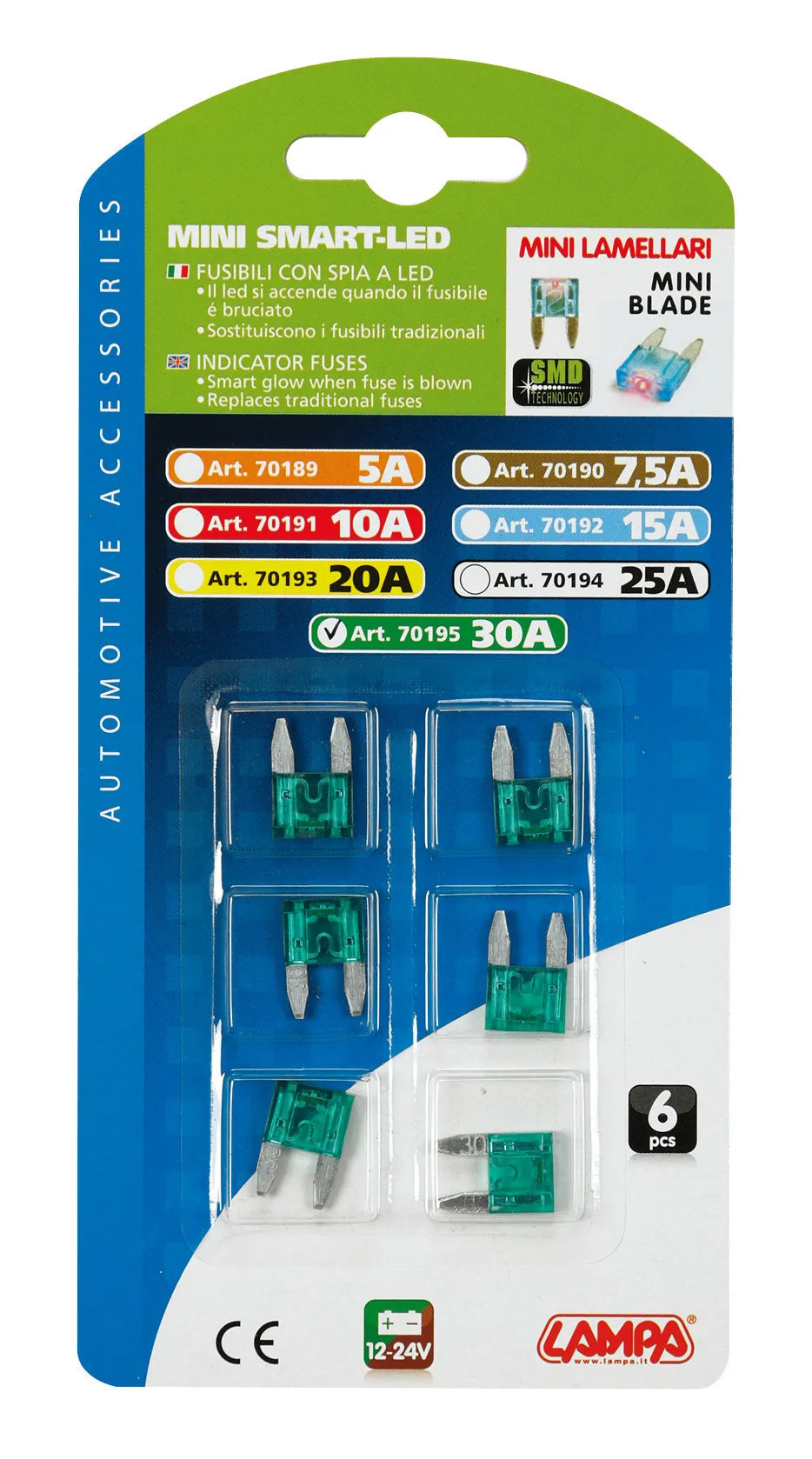 La confezione di Smart Led, set 6 micro-fusibili lamellari con spia a led, vista 6