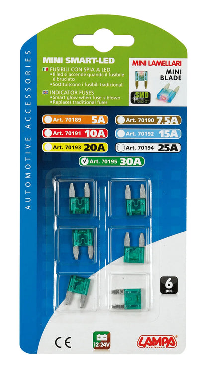 La confezione di Smart Led, set 6 micro-fusibili lamellari con spia a led, vista 6