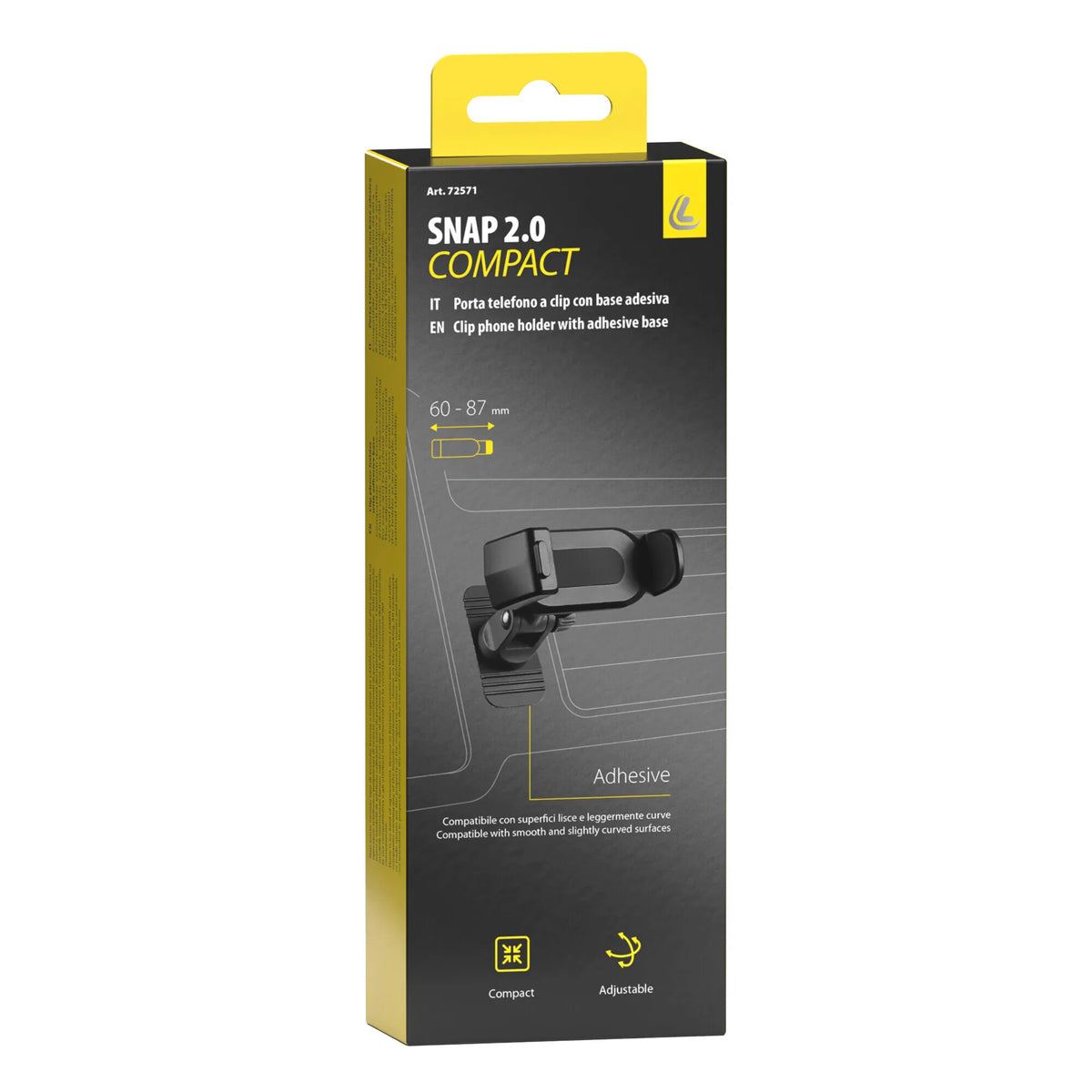 La confezione di Snap 2.0 Compact, porta telefono a clip con base adesiva