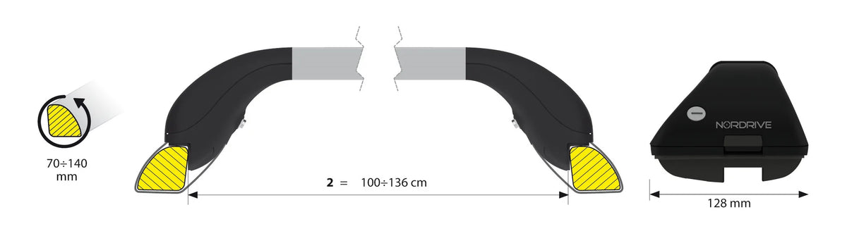 Disegno tecnico quotato di Snap Alu Rail, set completo barre portatutto telescopiche, con le misure, vista 2