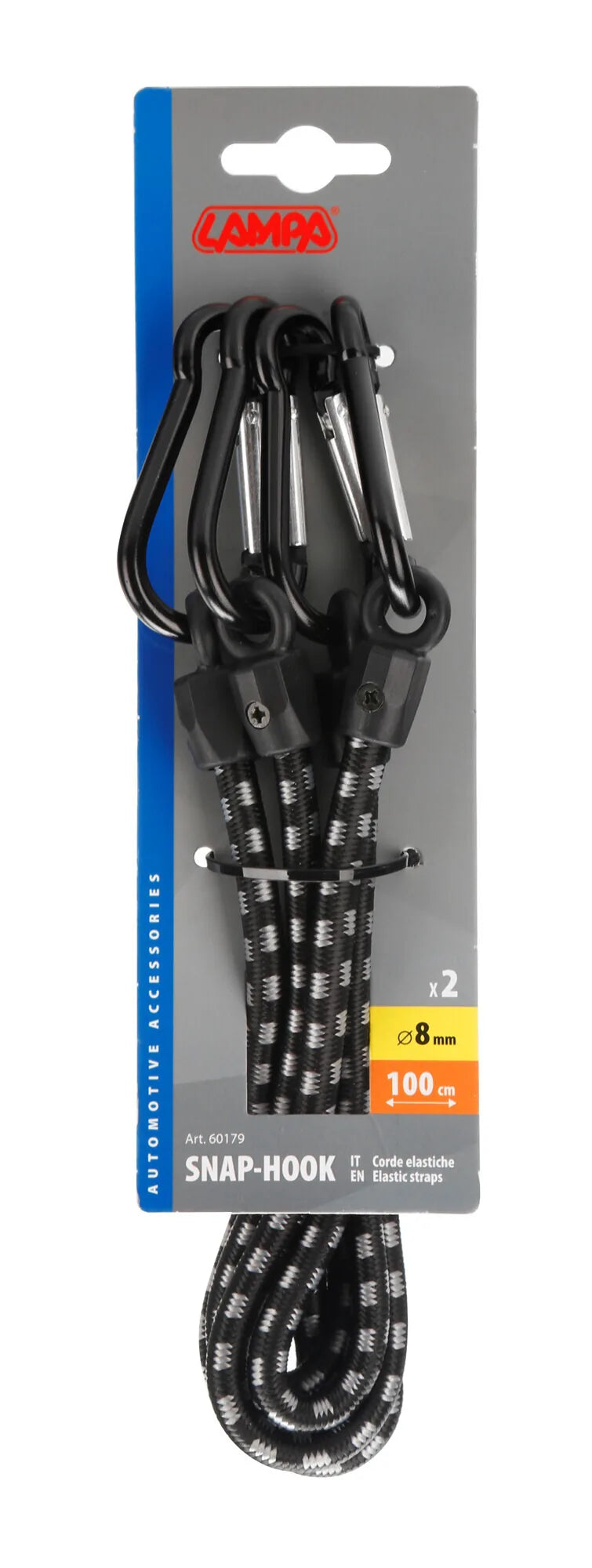 La confezione di Snap-Hook, coppia corde elastiche con moschettoni in