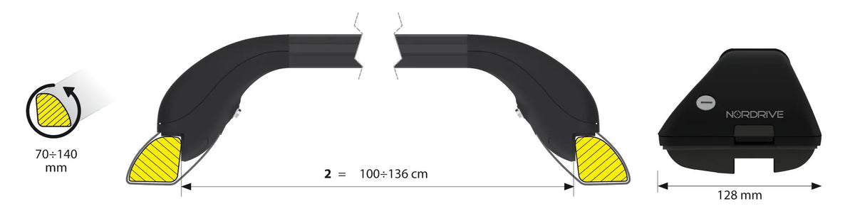 Disegno tecnico quotato di Snap Steel Rail, set completo barre portatutto telescopiche, con le misure, vista 4