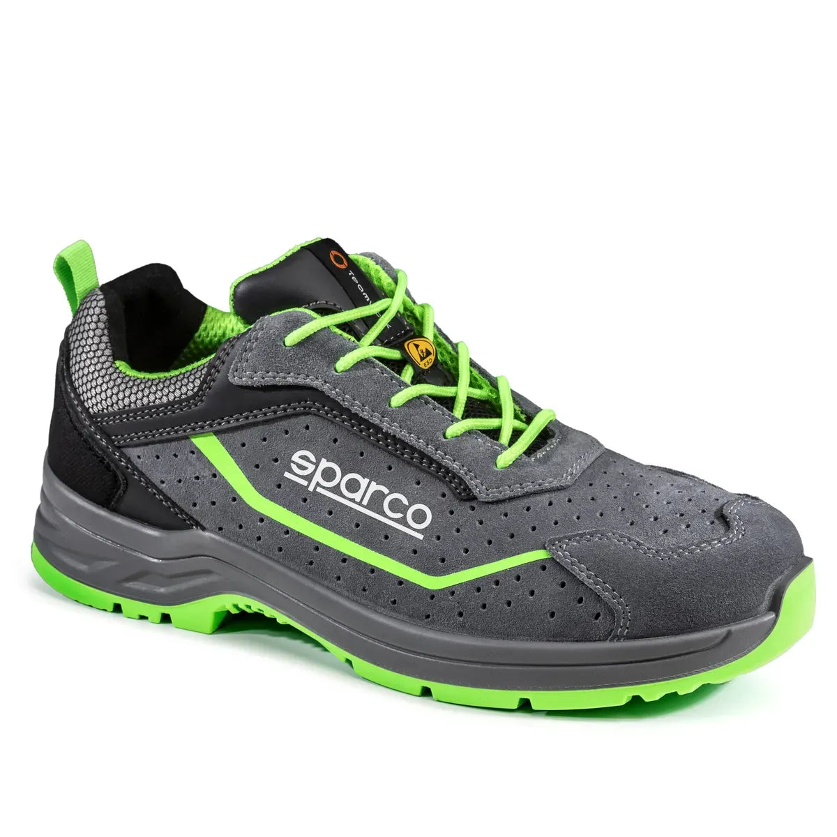 Scarpe antinfortunistiche basse Sparco Indy ESD S1PS SR FO LG in pelle scamosciata Grigio / Verde Fluo