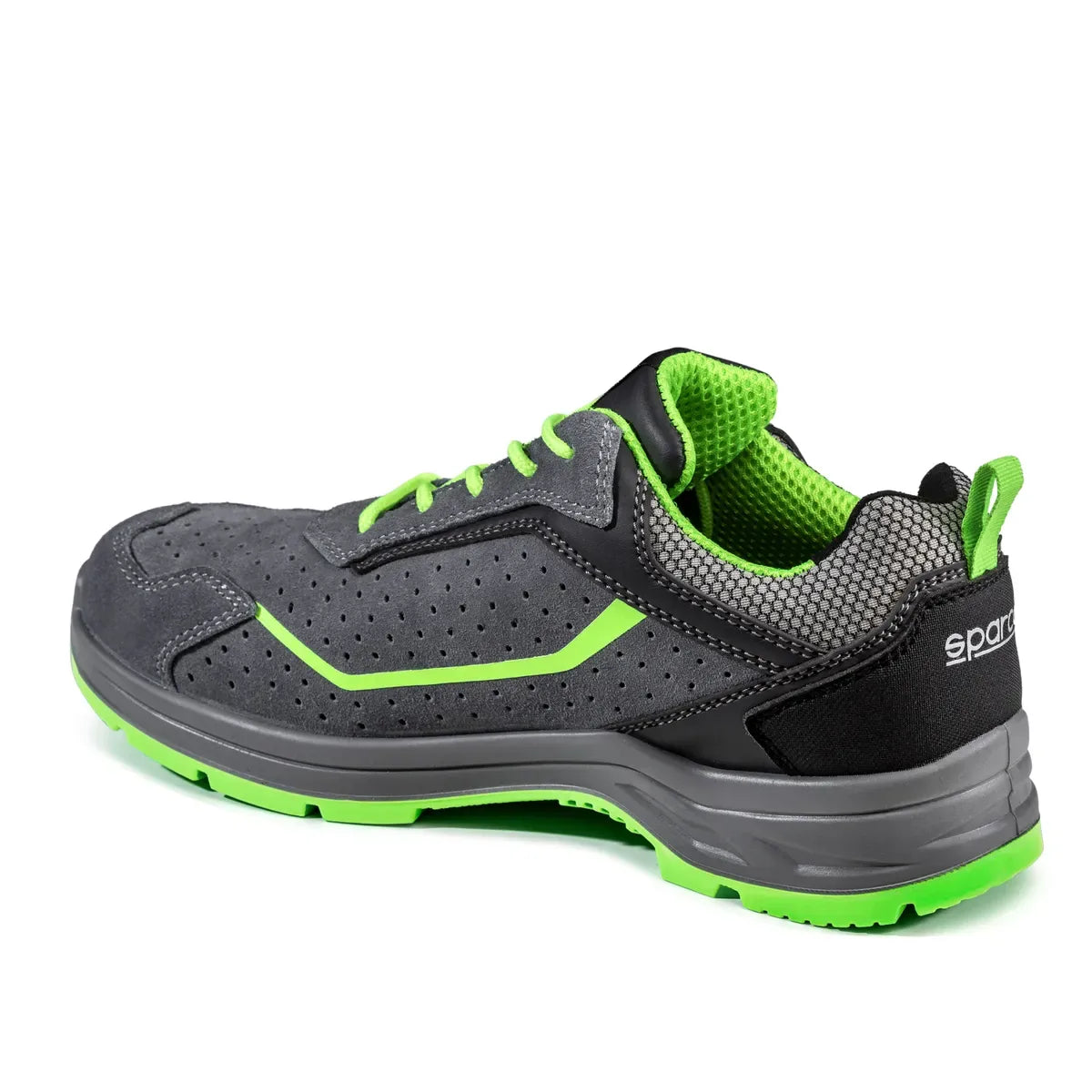 Scarpe antinfortunistiche basse Sparco Indy ESD S1PS SR FO LG in pelle scamosciata Grigio / Verde Fluo – vista 2