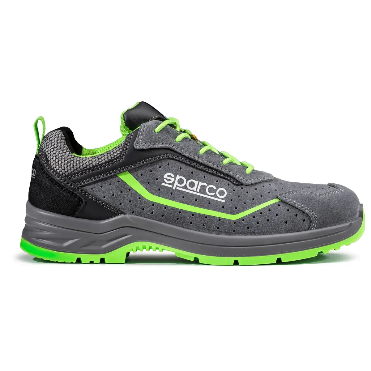 Scarpe antinfortunistiche basse Sparco Indy ESD S1PS SR FO LG in pelle scamosciata Grigio / Verde Fluo – vista 3