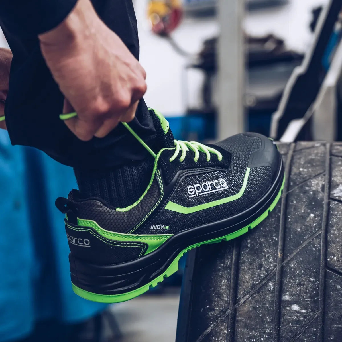 Scarpe antinfortunistiche basse Sparco Indy-E ESD S3S SR FO LG Nero / Verde Fluo – vista 4