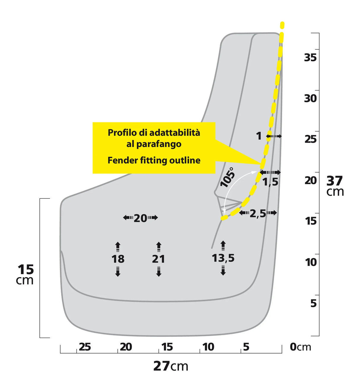 Disegno tecnico quotato di Splash-Guards Contour SUV, paraspruzzi sagomati, con le misure, vista 3
