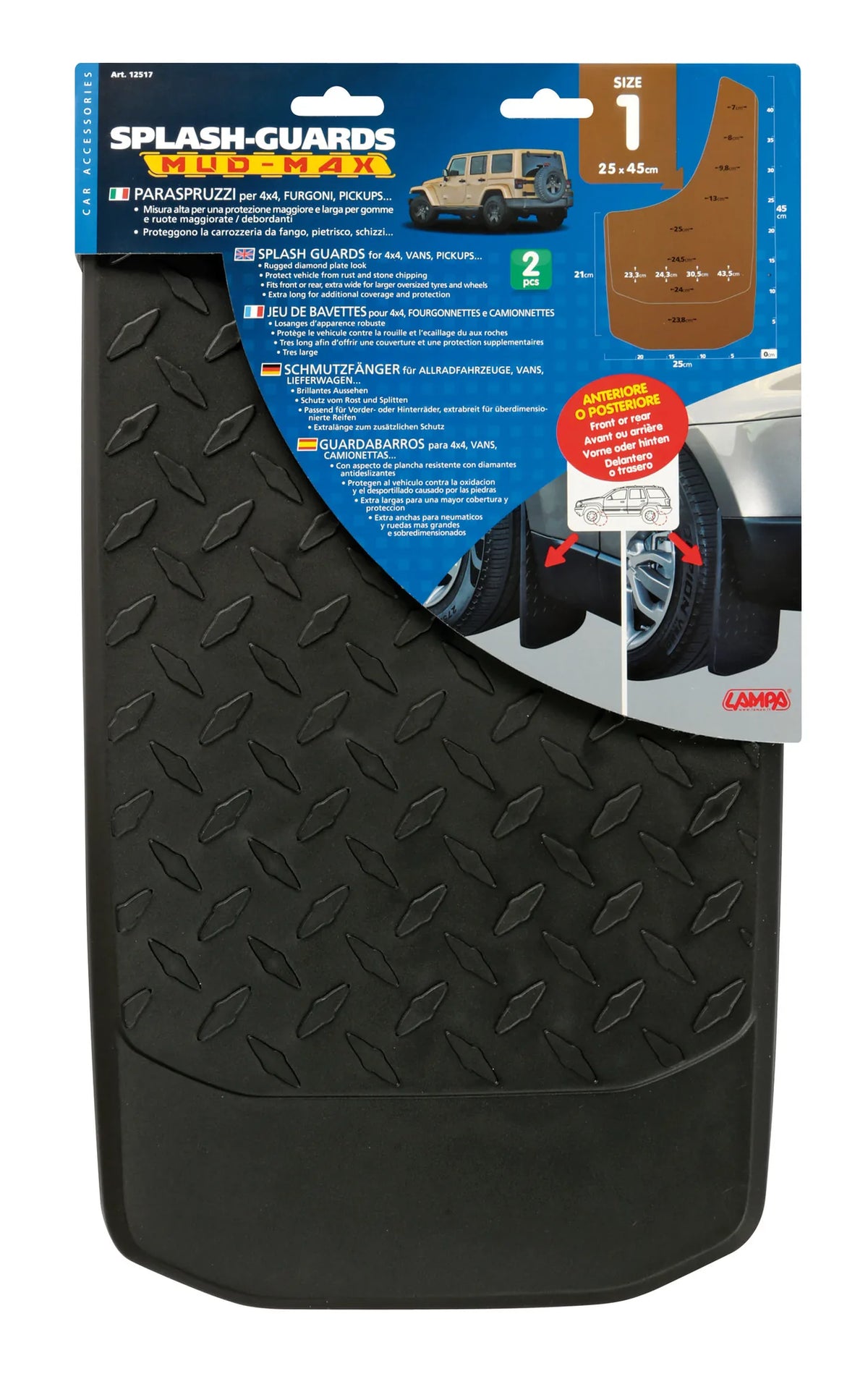 La confezione di Splash-Guards Mud-Max, paraspruzzi per 4x4, furgoni, pick-up