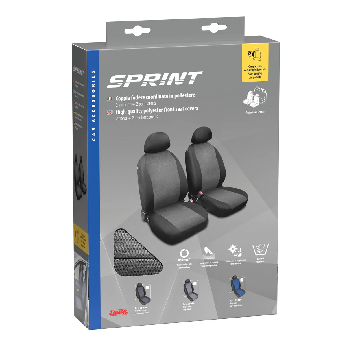 La confezione di Sprint, coppia coprisedili anteriori in poliestere