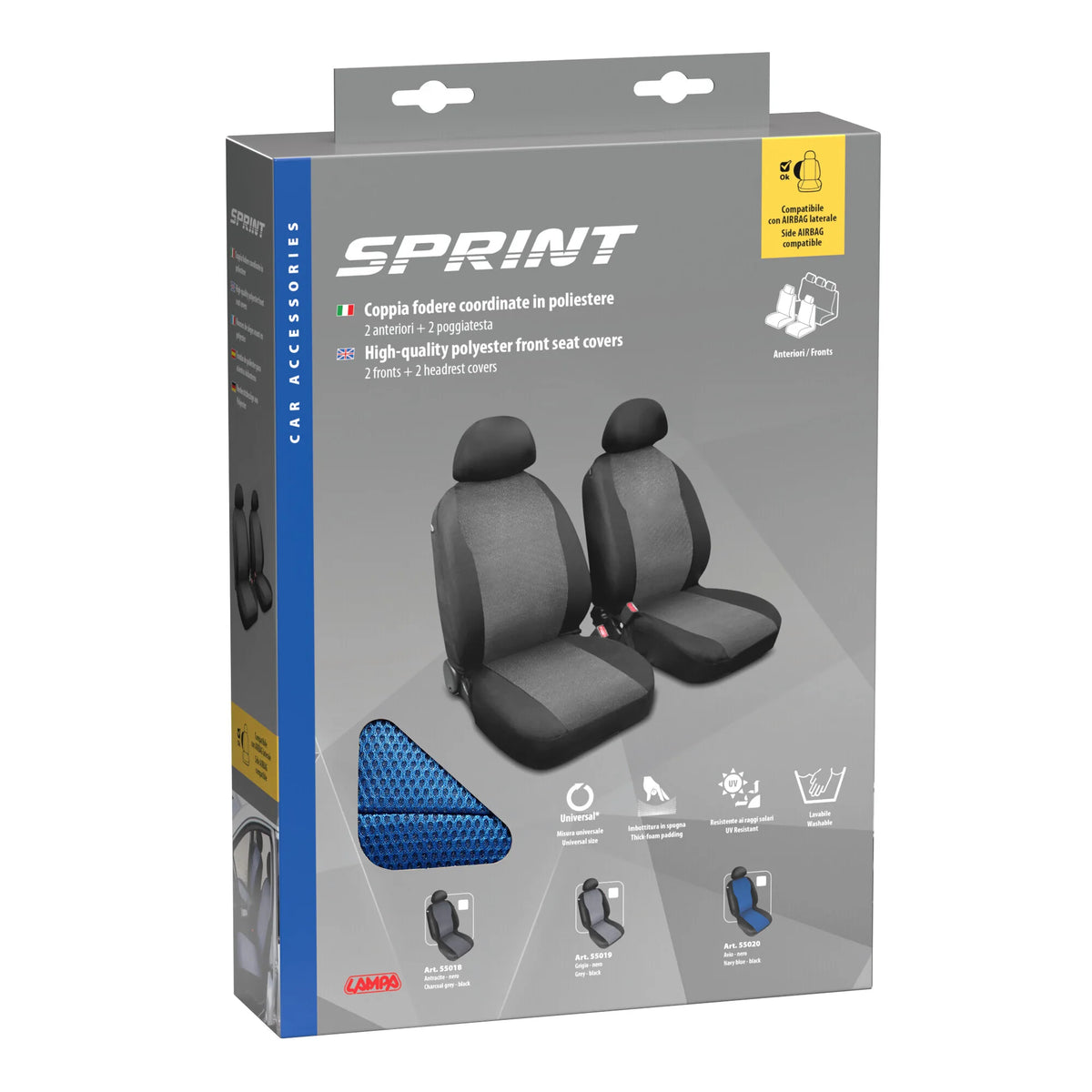 La confezione di Sprint, coppia coprisedili anteriori in poliestere