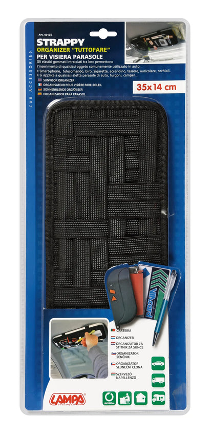 La confezione di Strappy, organizer per visiera parasole