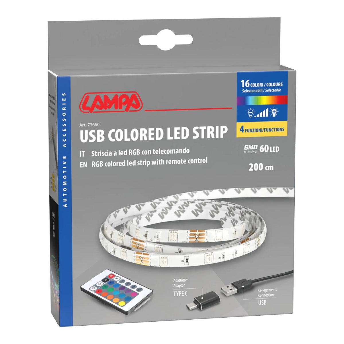La confezione di Striscia adesiva a Led RGB, USB - 200 cm