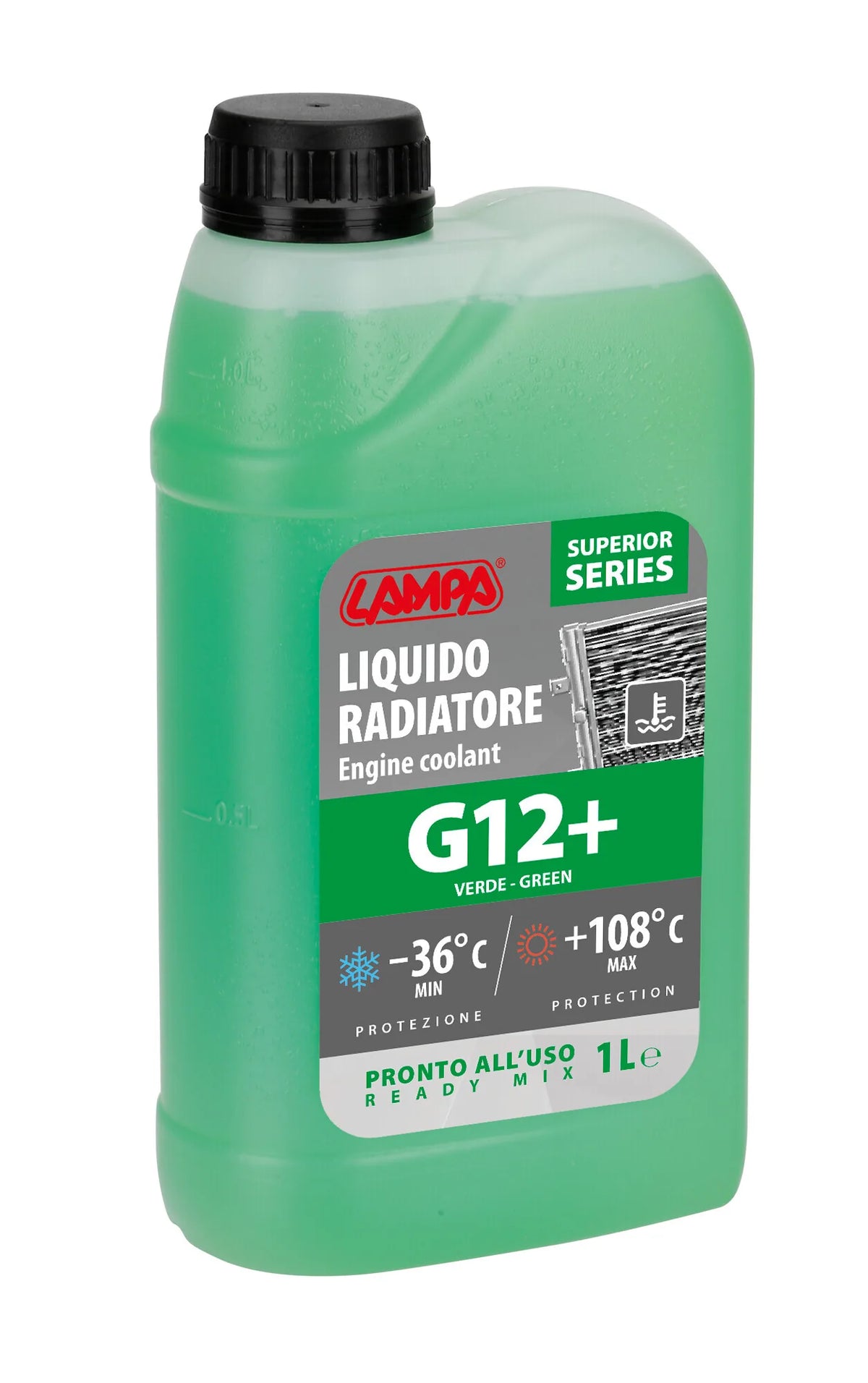 Superior-Verde G12+, liquido antigelo radiatore su fondo bianco